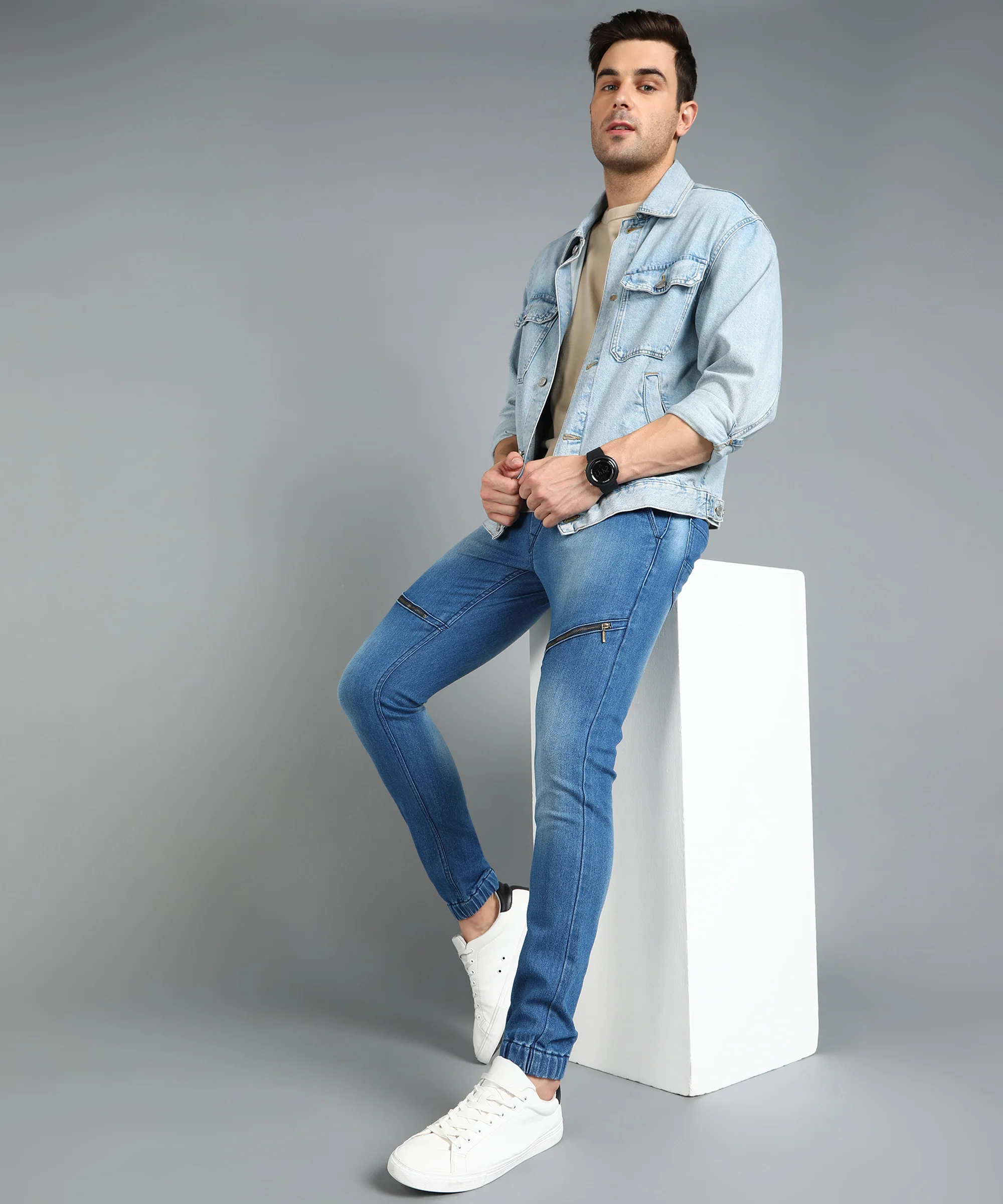 Men's Light Blue Slim Fit Zippered Jogger Jeans Stretchable - Image 4