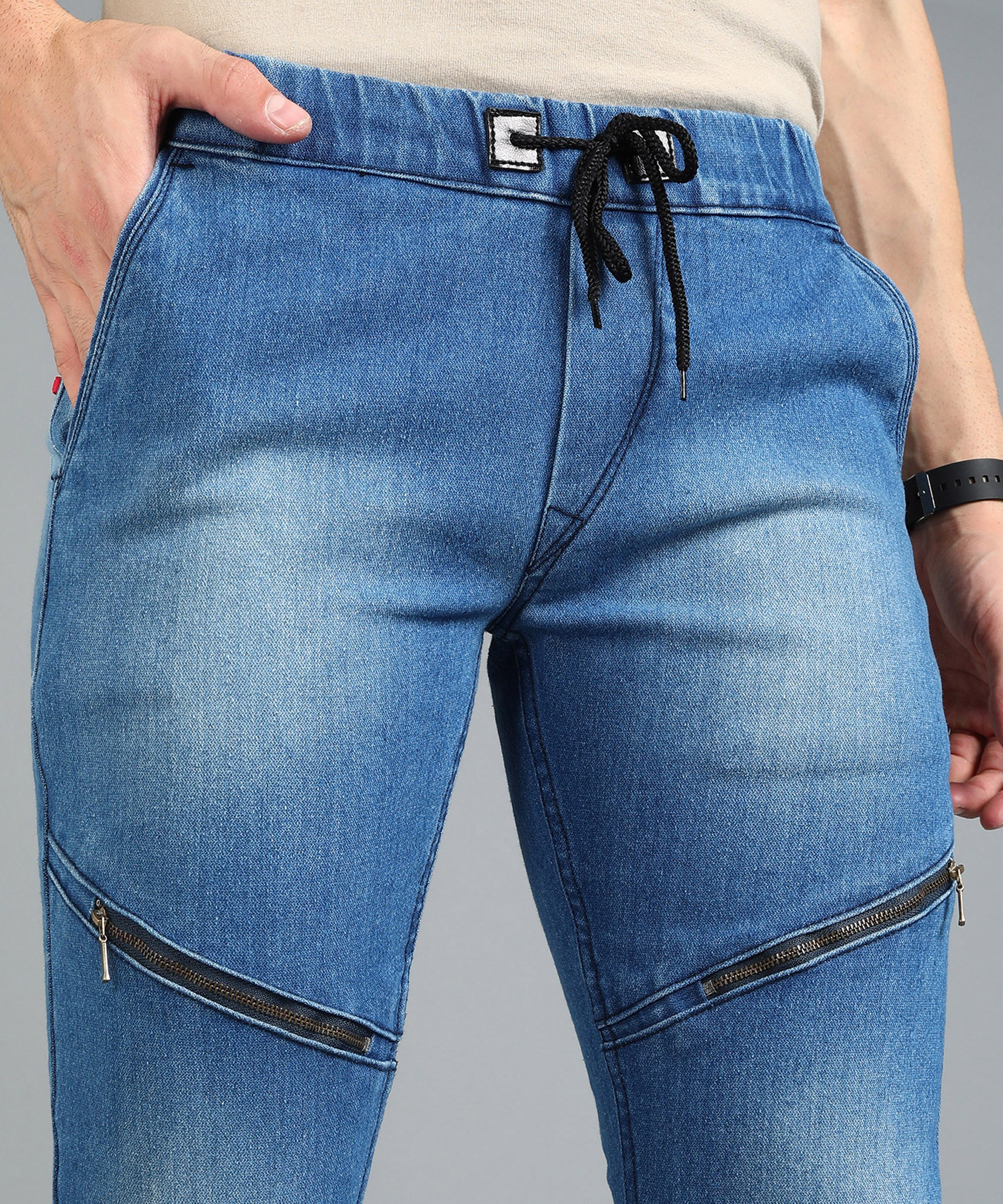 Men's Light Blue Slim Fit Zippered Jogger Jeans Stretchable - Image 5
