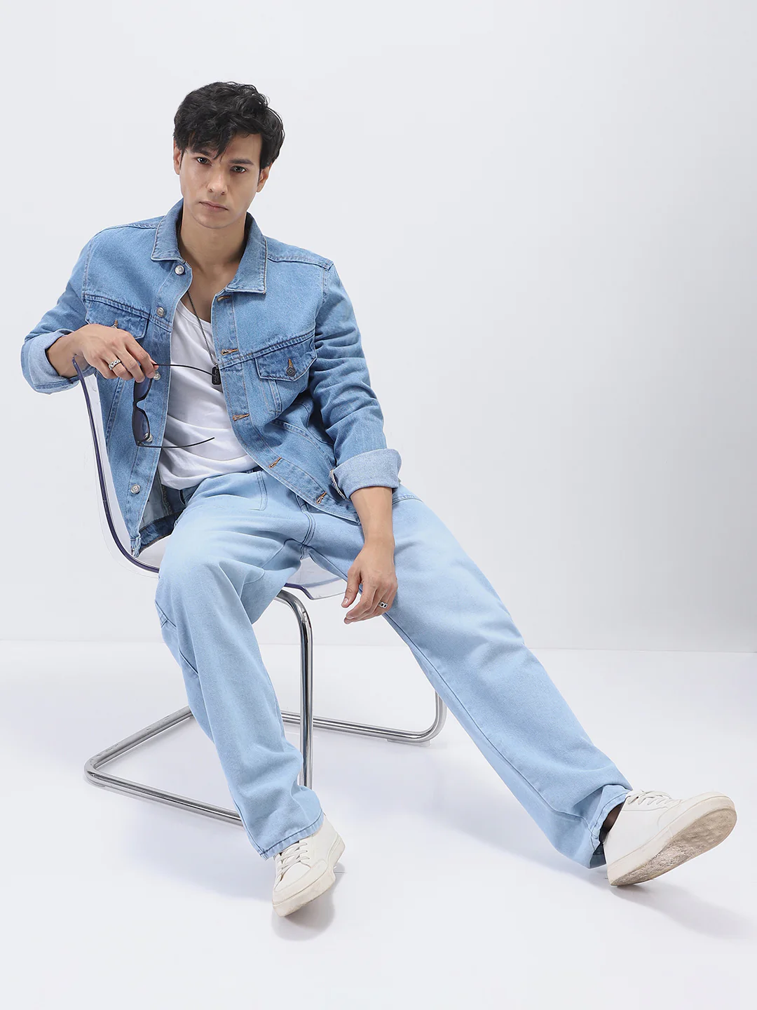 Men's Light Blue Solid Regular Fit Washed Full Sleeve Denim Jacket - Image 5