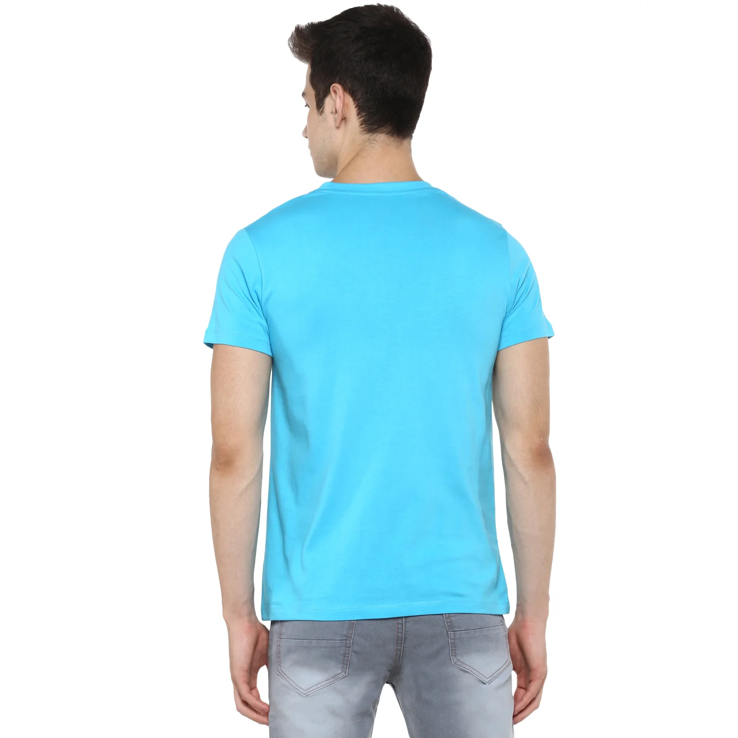Men's Light Blue Solid Slim Fit Round Neck Cotton T-Shirt - Image 3