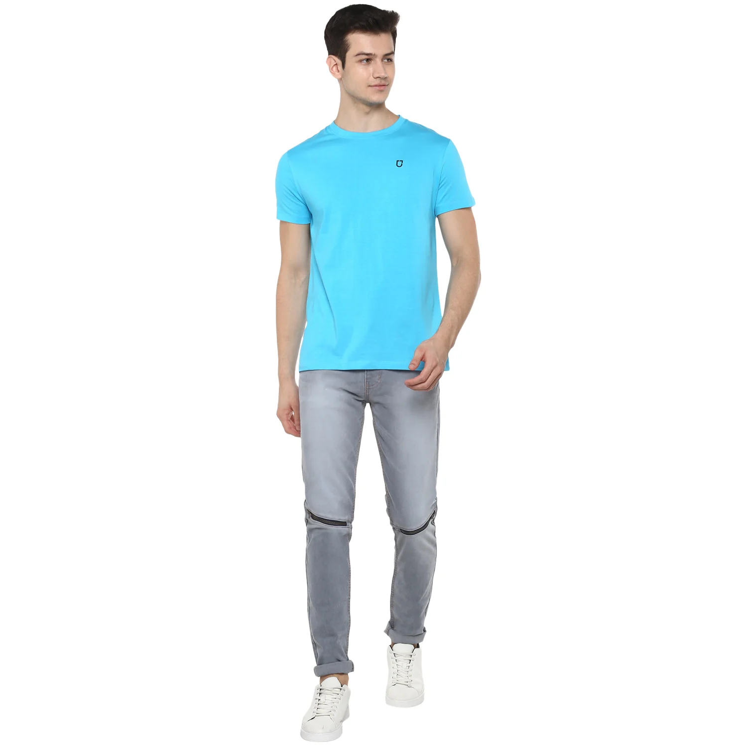 Men's Light Blue Solid Slim Fit Round Neck Cotton T-Shirt - Image 4