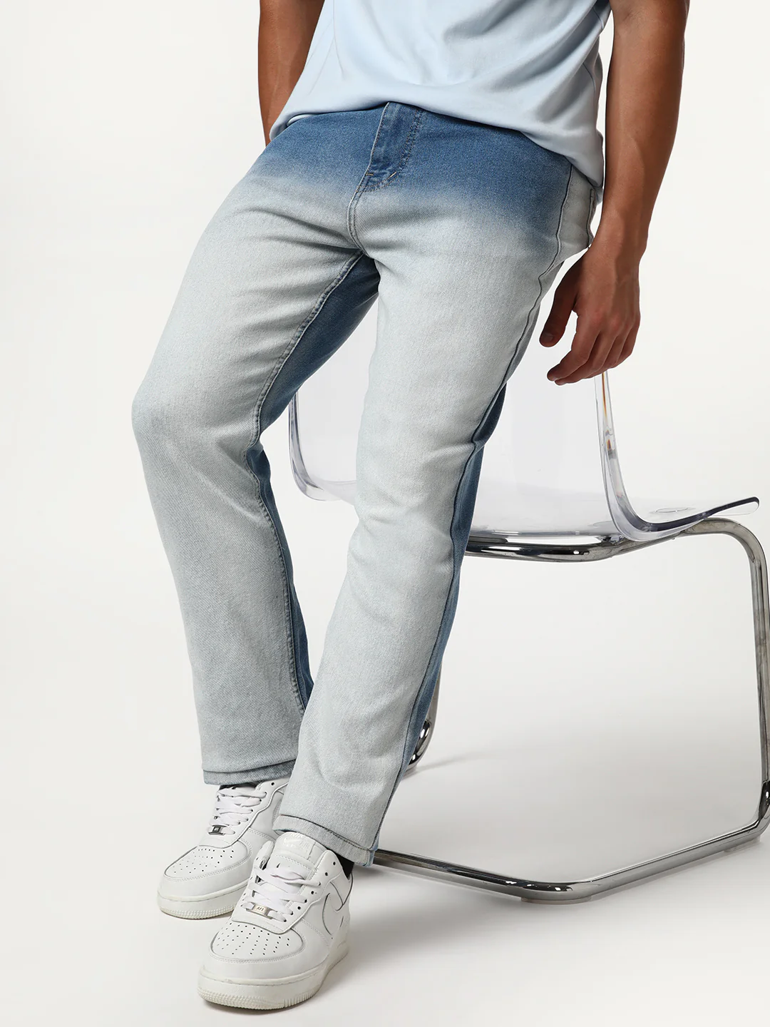 Men's Light Blue Straight Fit Heavy Washed Faded Denim Jeans Stretchable - Image 2