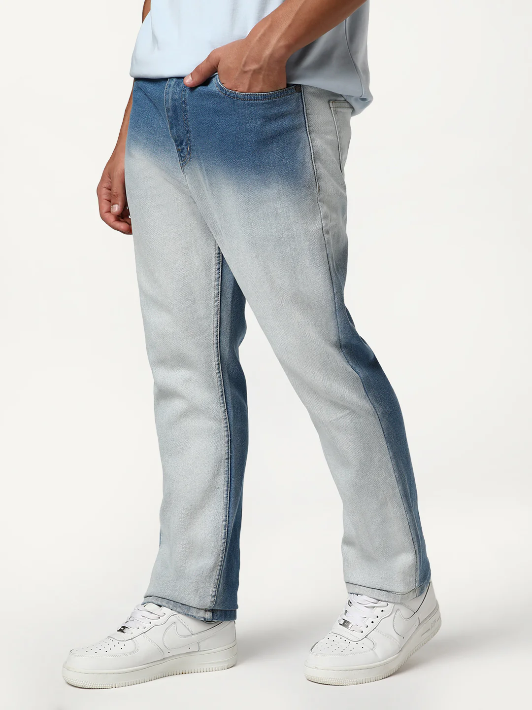 Men's Light Blue Straight Fit Heavy Washed Faded Denim Jeans Stretchable - Image 3