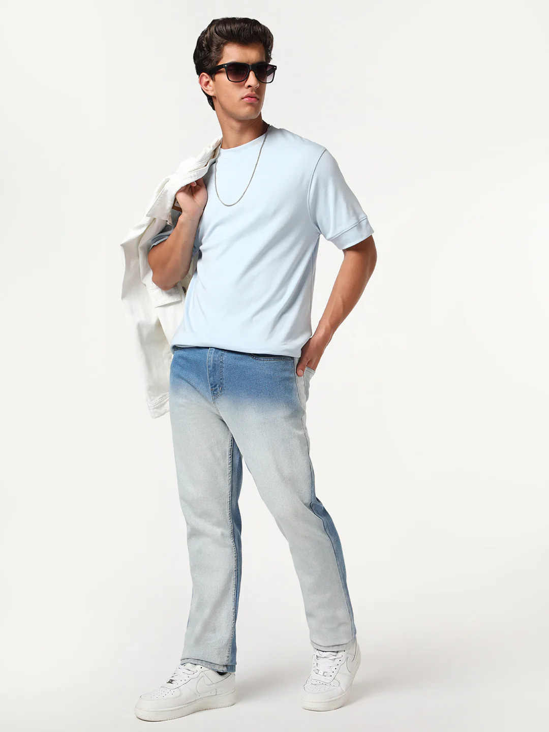 Men's Light Blue Straight Fit Heavy Washed Faded Denim Jeans Stretchable - Image 5