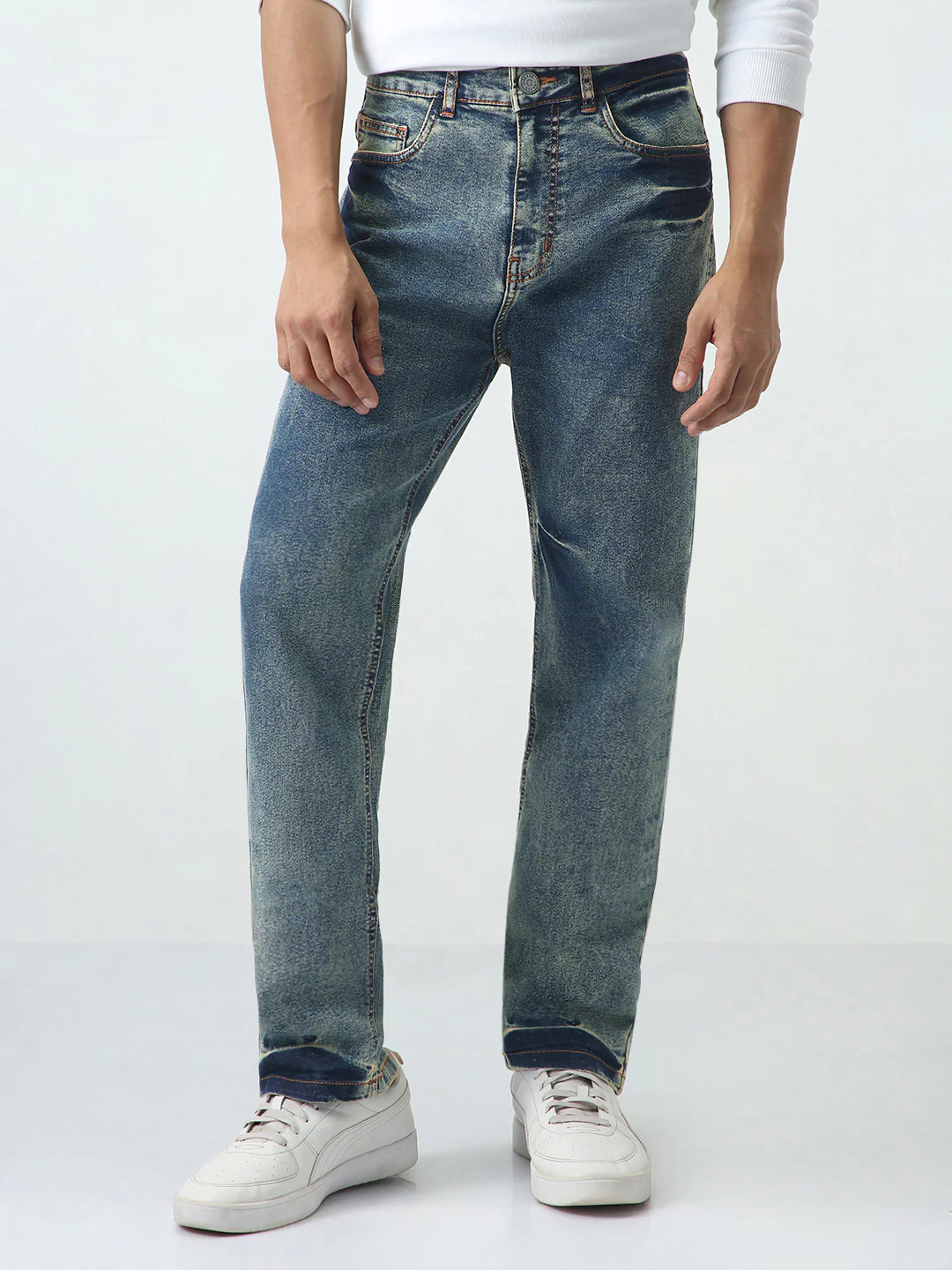 Men's Light Blue Straight Fit Heavy Washed Jeans Stretchable - Image 2