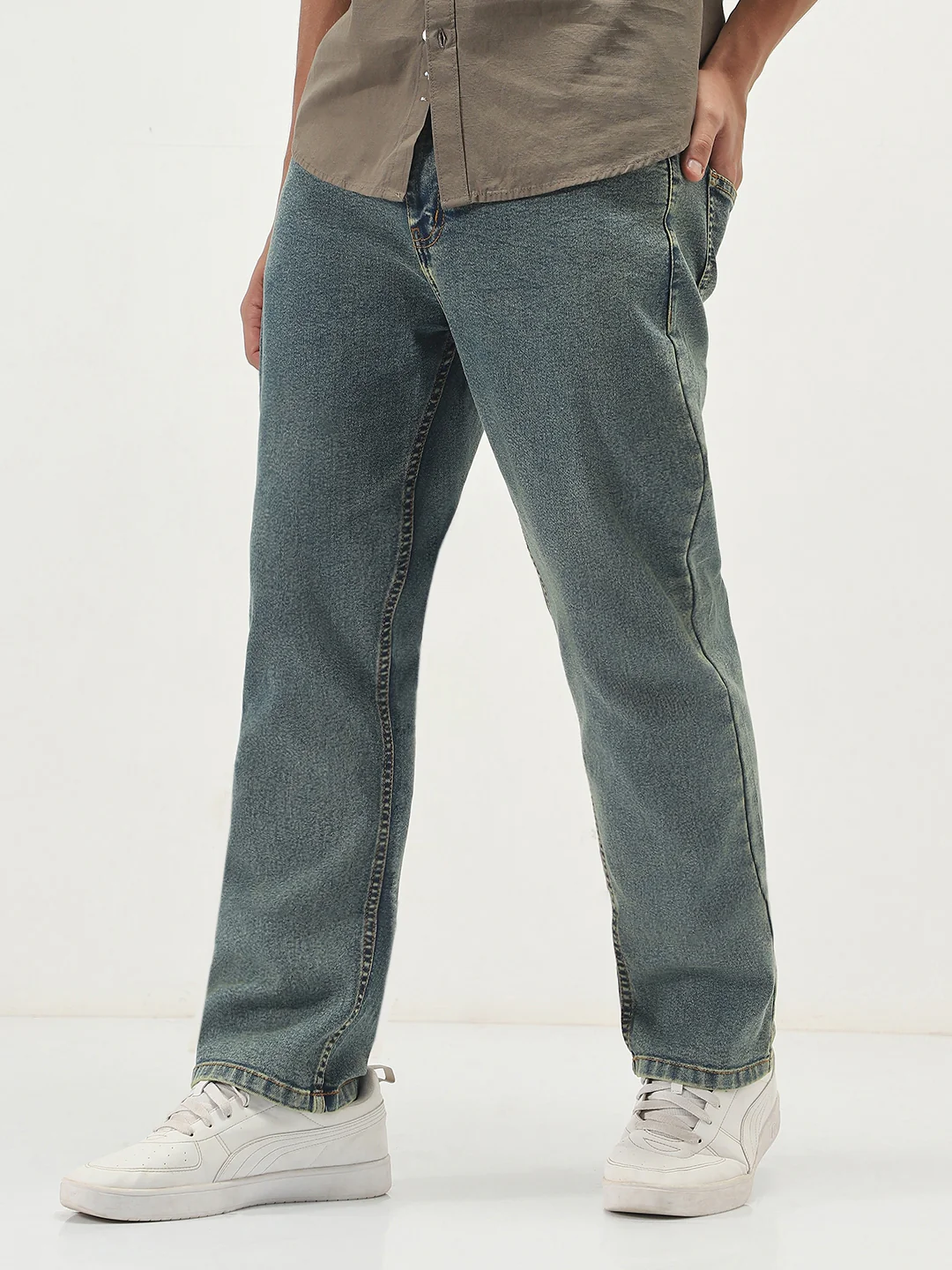 Men's Light Blue Straight Fit Heavy Washed Jeans Stretchable - Image 2