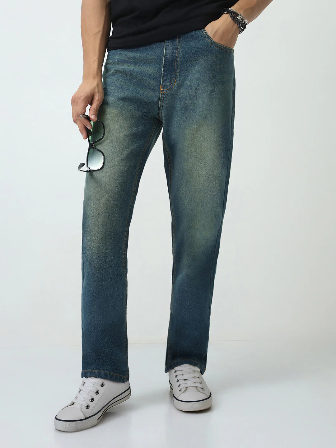 Men's Light Blue Straight Fit Heavy Washed Jeans Stretchable