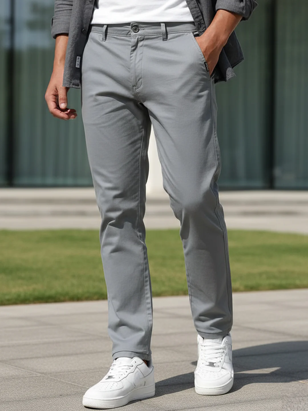 Men's Light Blue Straight Fit Mid Rise Cotton Casual Chinos Trousers Stretch
