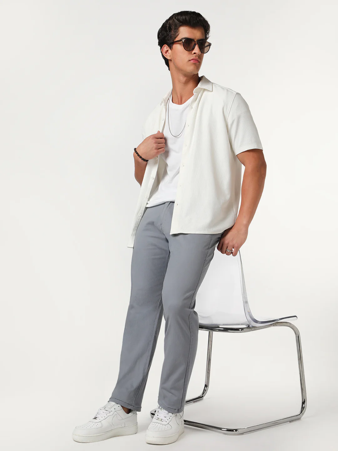 Men's Light Blue Straight Fit Mid Rise Cotton Casual Chinos Trousers Stretch - Image 5