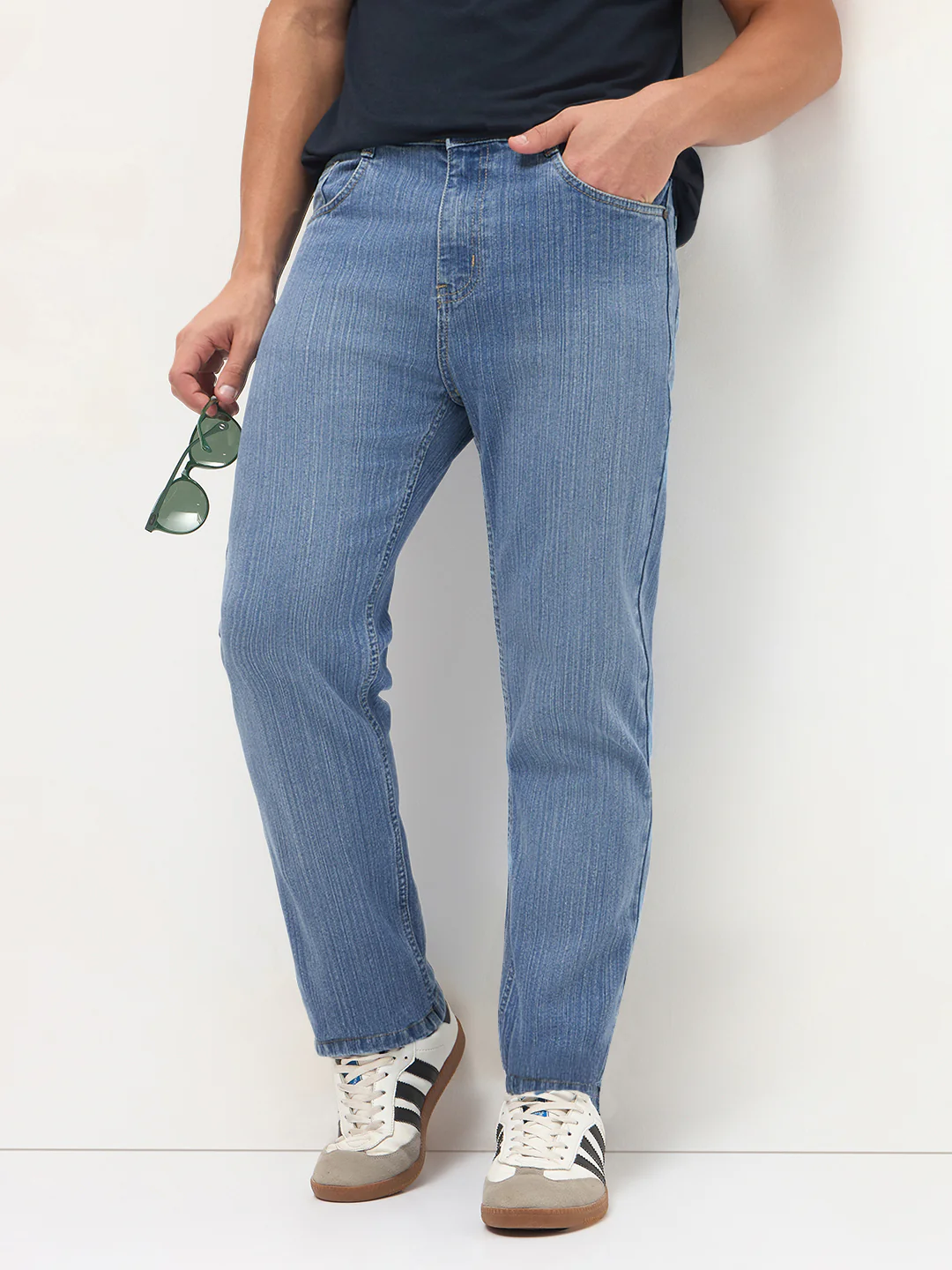 Men's Light Blue Straight Fit Washed Denim Jeans Stretchable - Image 2