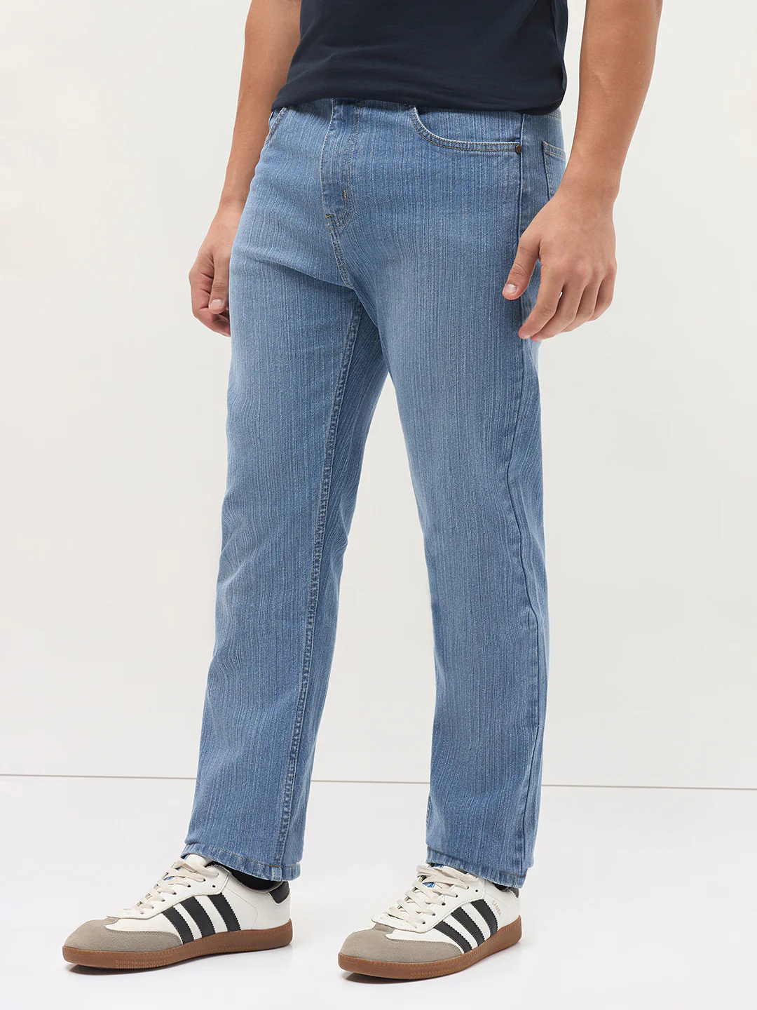 Men's Light Blue Straight Fit Washed Denim Jeans Stretchable - Image 3