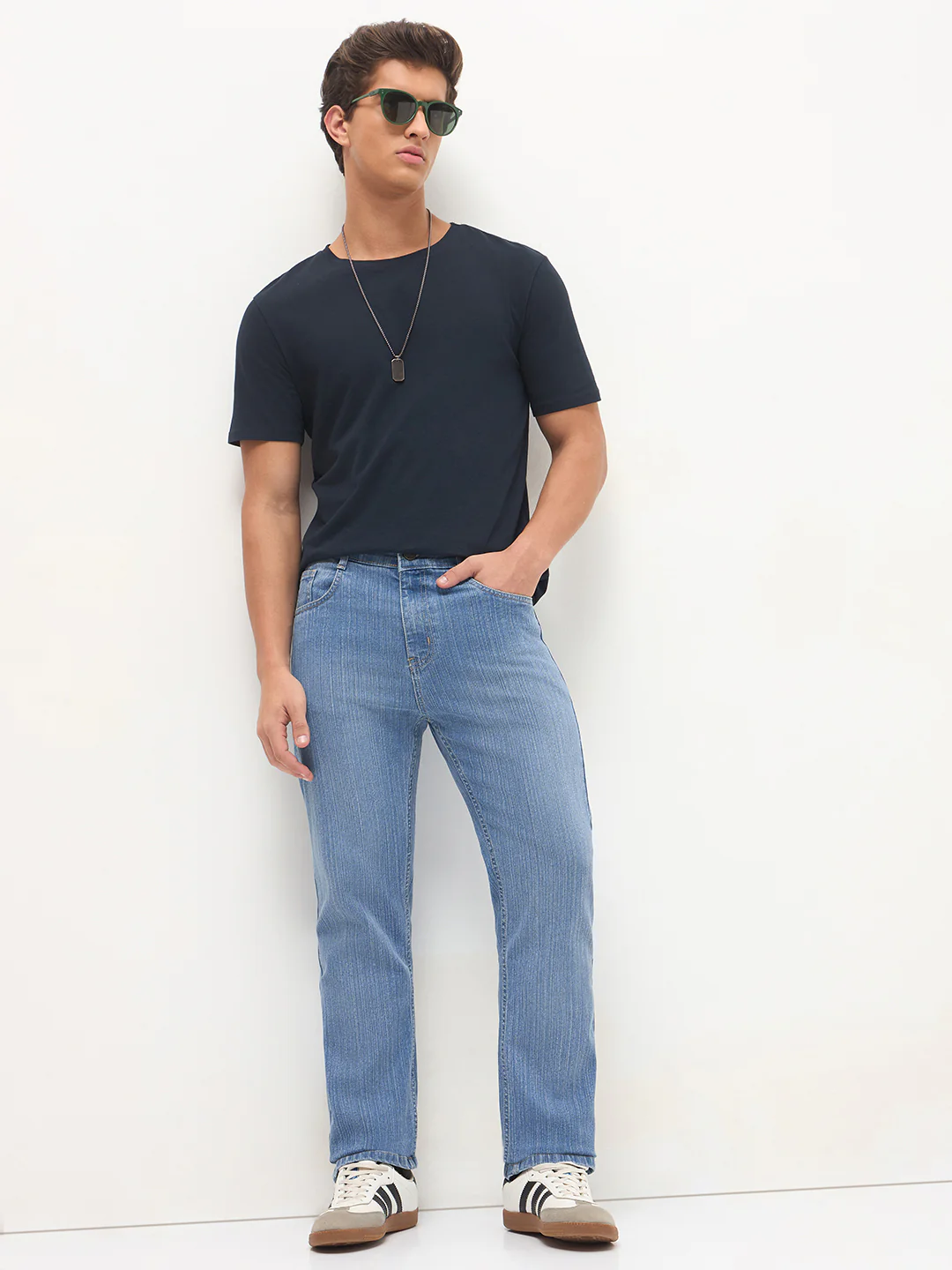 Men's Light Blue Straight Fit Washed Denim Jeans Stretchable - Image 5