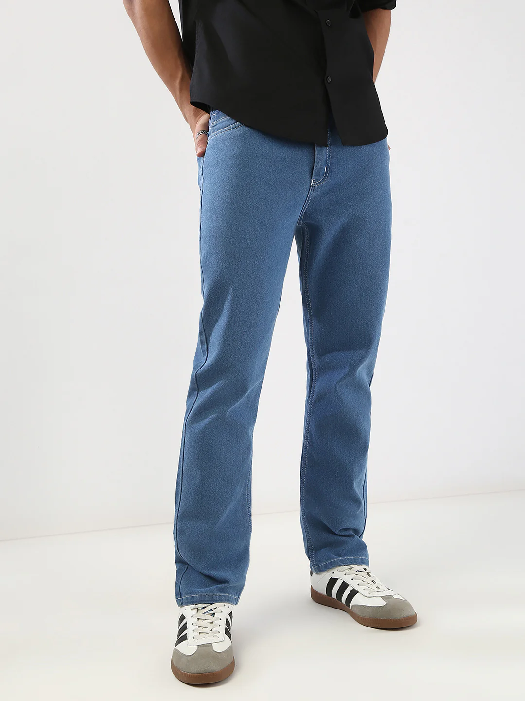 Men's Light Blue Straight Fit Washed Jeans Stretchable - Image 2