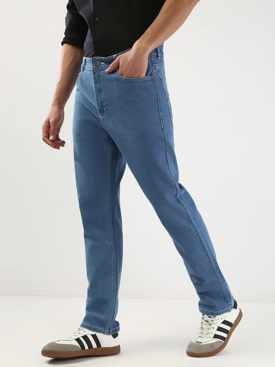 Men's Light Blue Straight Fit Washed Jeans Stretchable - Image 3