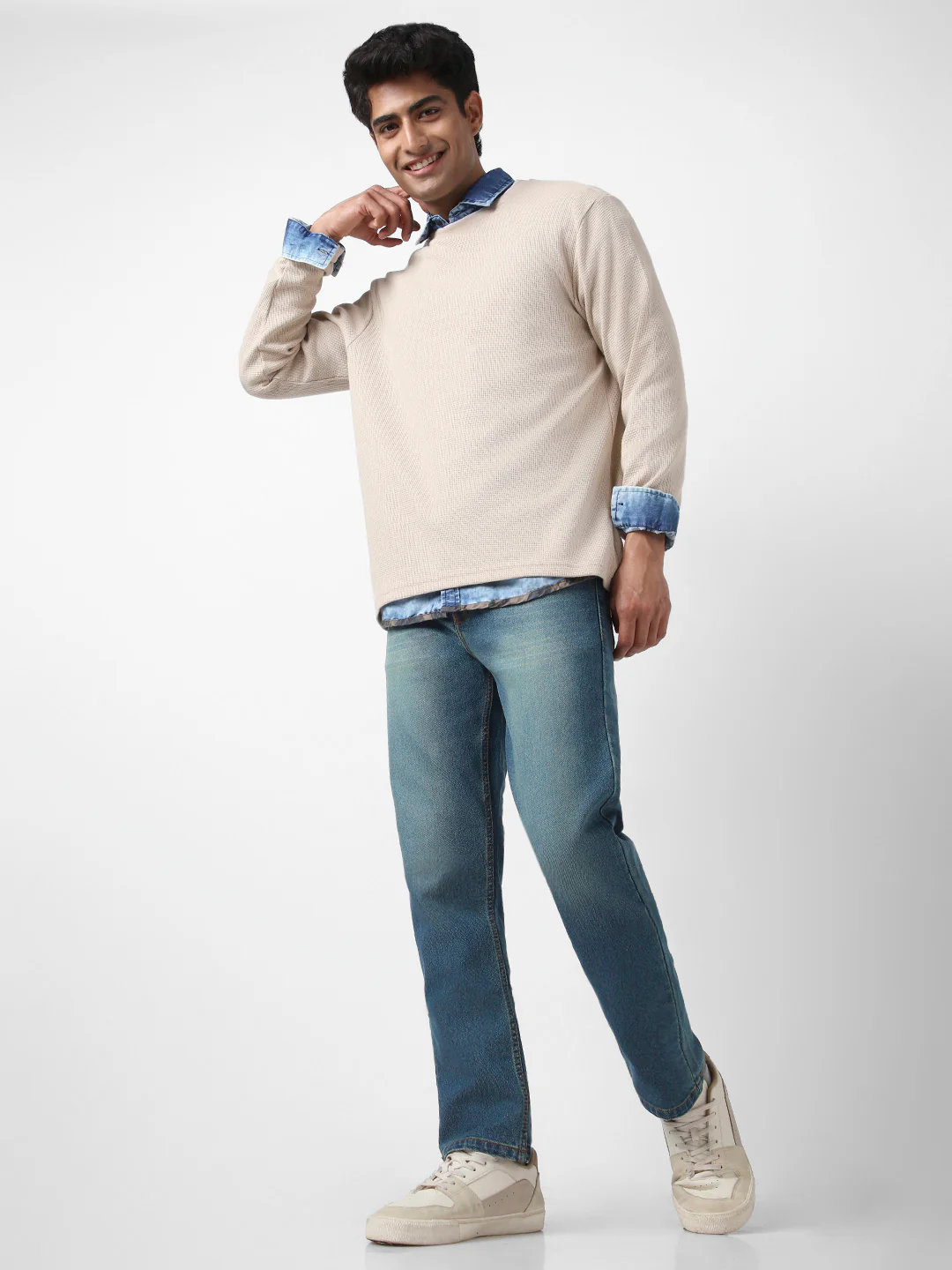 Men's Light Blue Straight Fit Washed Jeans Stretchable - Image 4