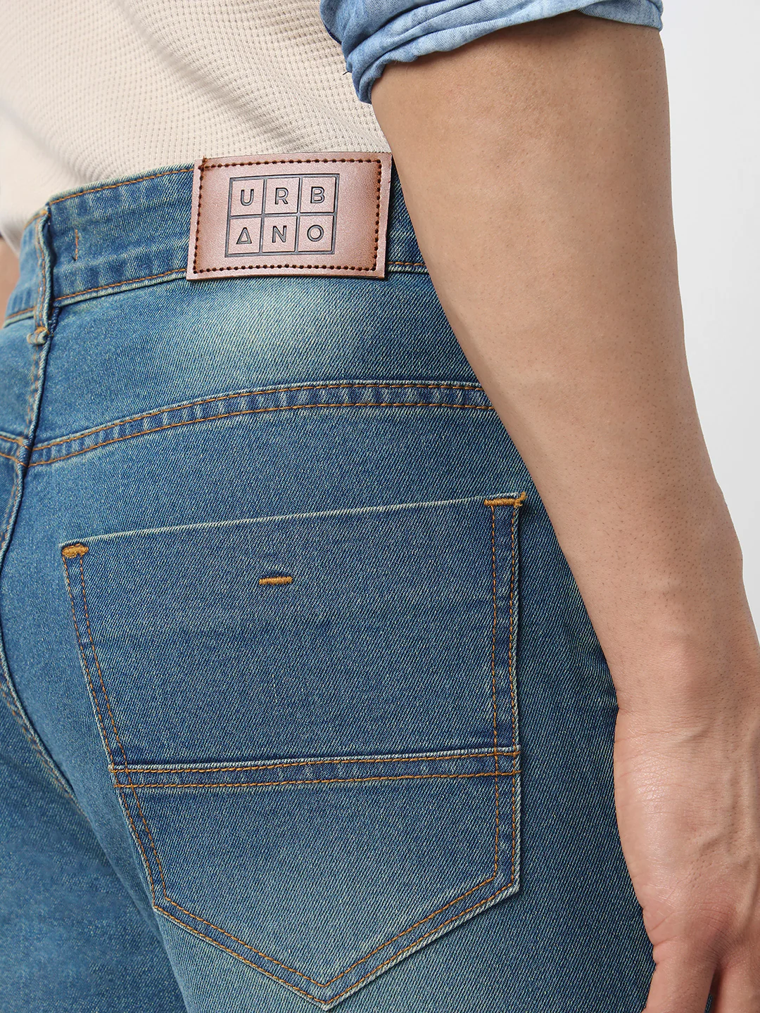 Men's Light Blue Straight Fit Washed Jeans Stretchable - Image 6