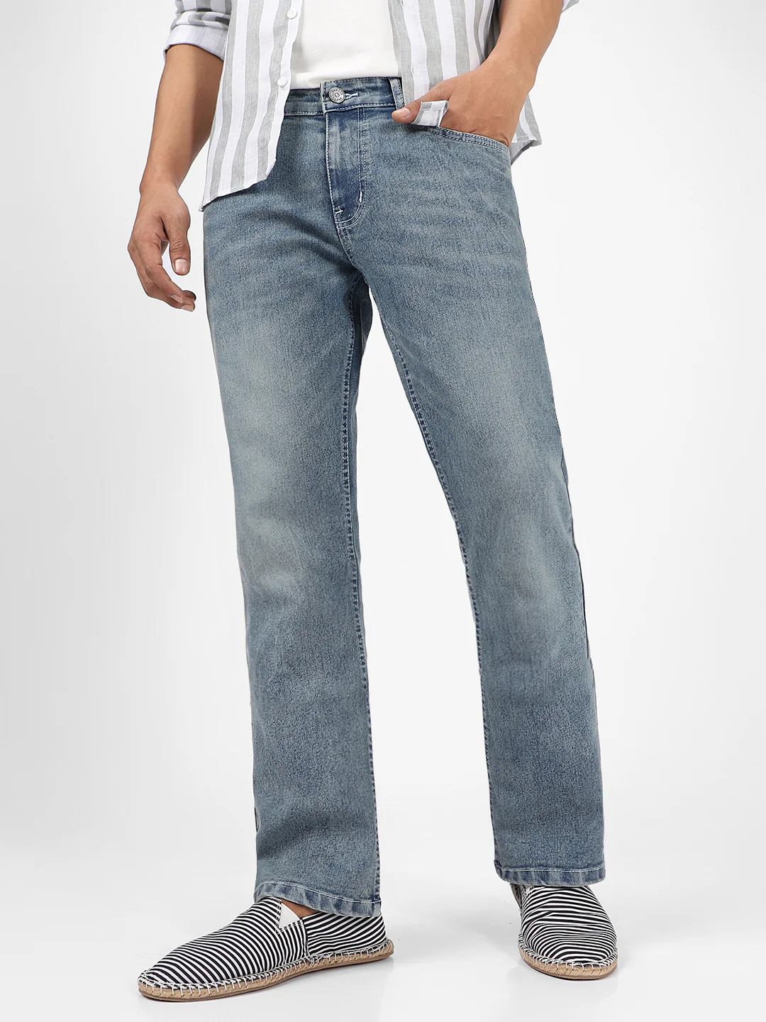 Men's Light Blue Washed Bootcut Jeans Stretchable - Image 2