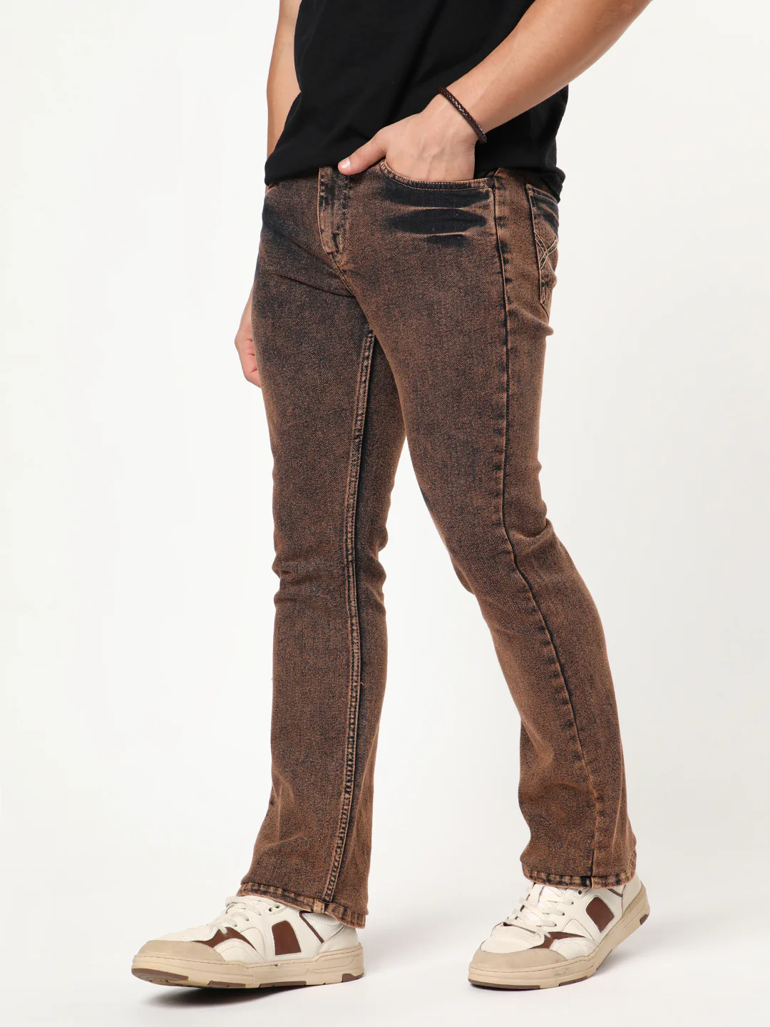 Men's Light Brown Bootcut Fit Mid Rise Acid Wash Jeans Stretchable - Image 2
