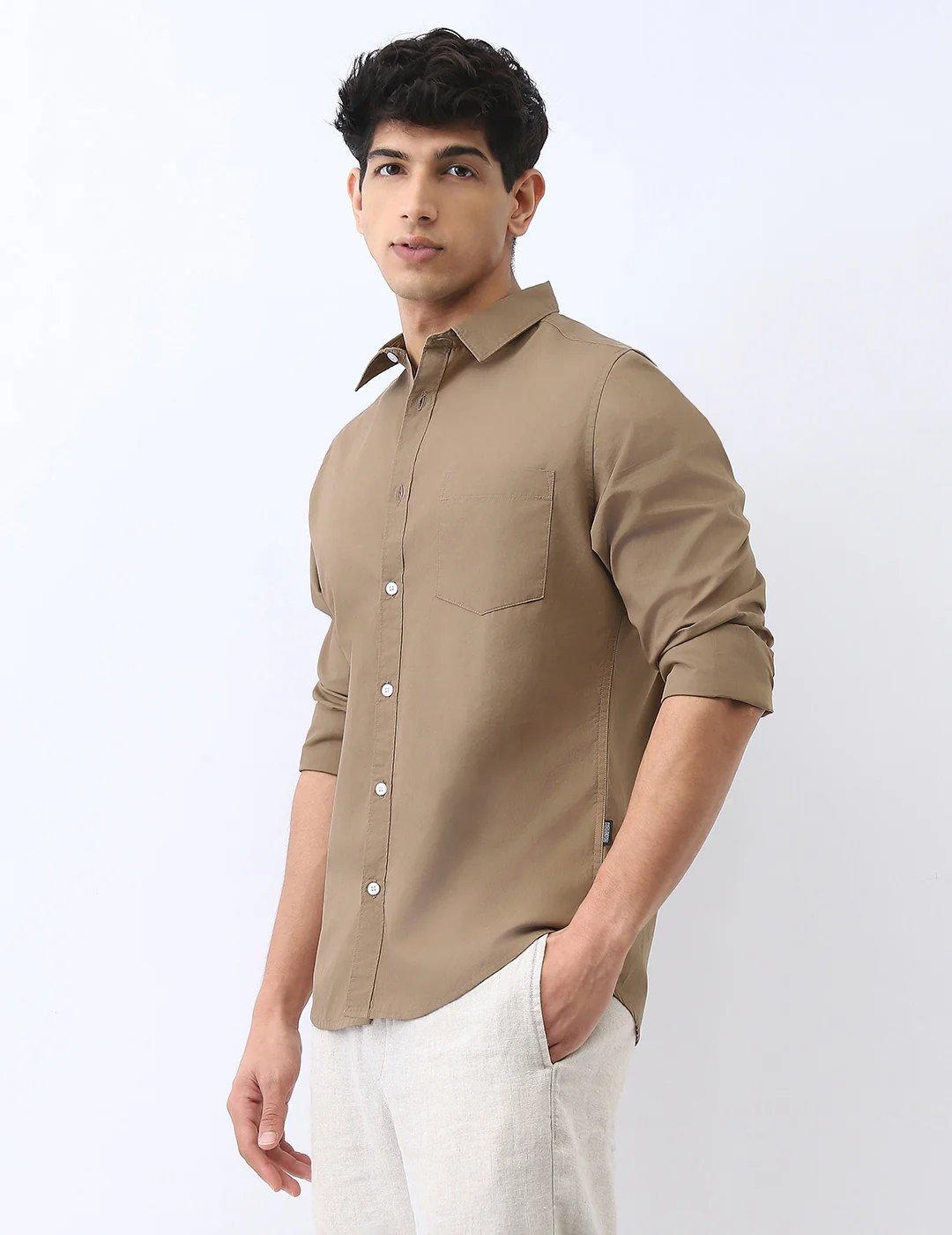 Men's Light Brown Cotton Full Sleeve Regular Fit Casual Solid Shirt - Image 3