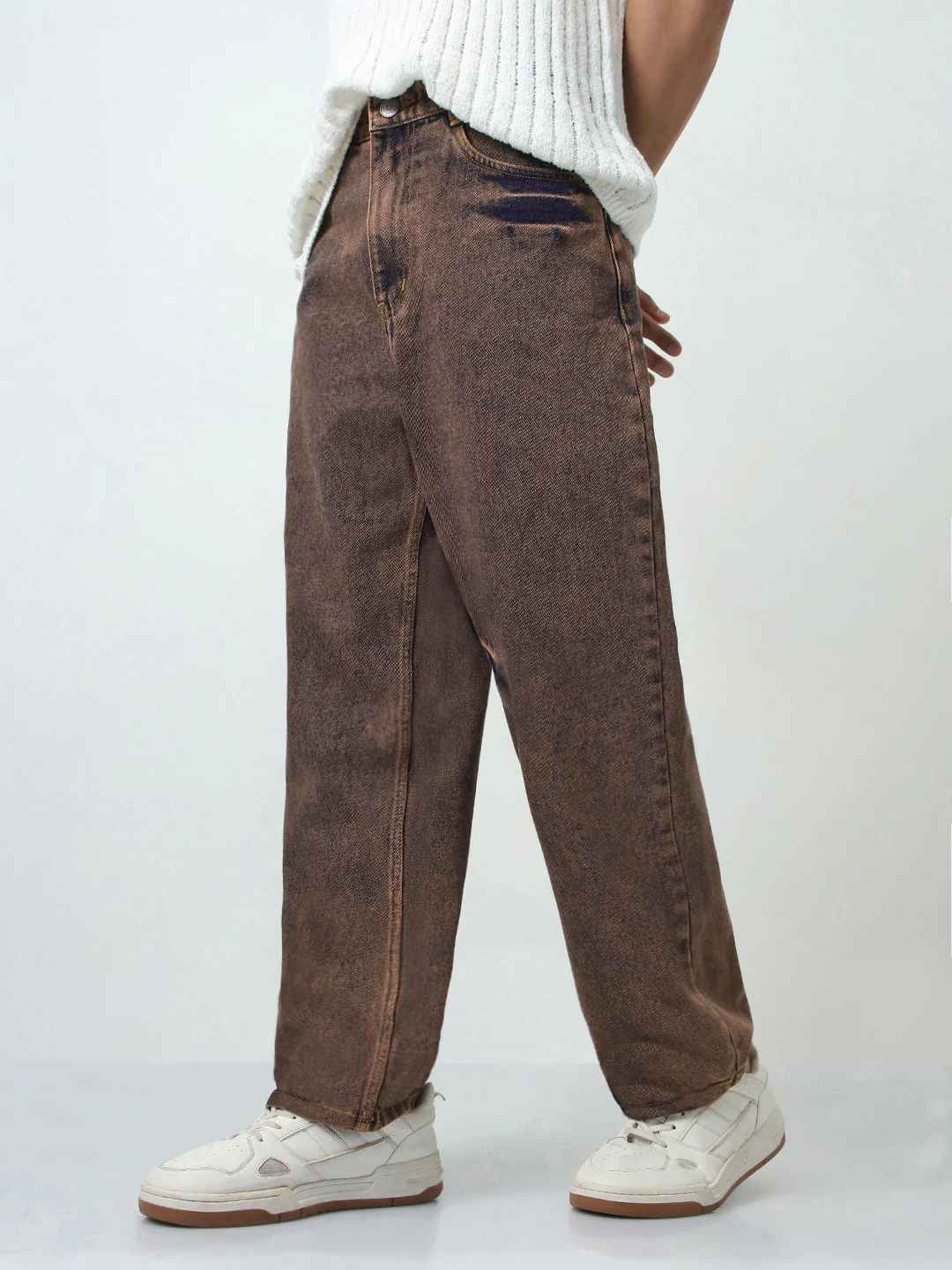 Men's Light Brown Loose Baggy Fit Washed Jeans Non-Stretchable - Image 2