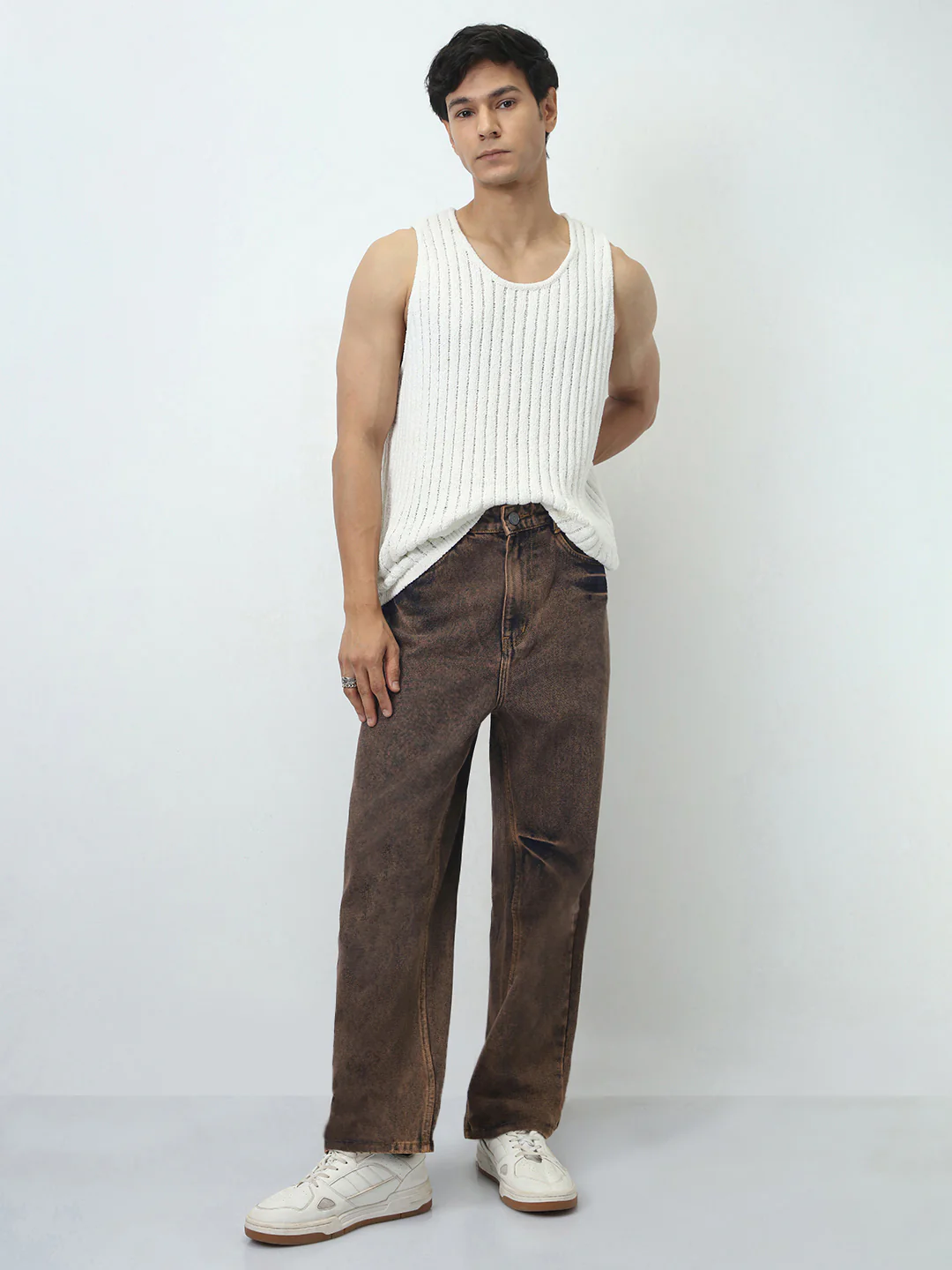 Men's Light Brown Loose Baggy Fit Washed Jeans Non-Stretchable - Image 4