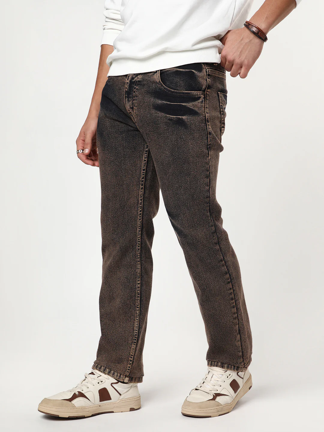 Men's Light Brown Regular Fit Acid Washed Denim Jeans Stretchable - Image 2