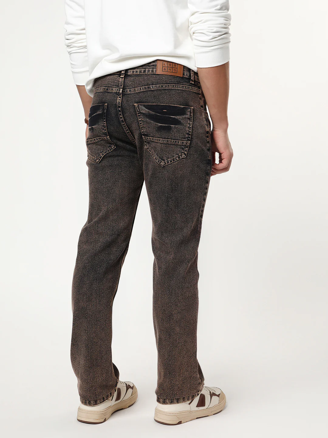 Men's Light Brown Regular Fit Acid Washed Denim Jeans Stretchable - Image 3