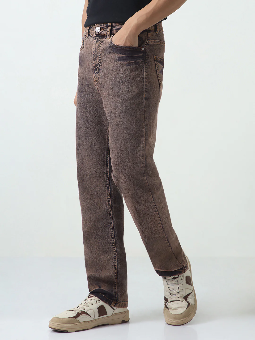 Men's Light Brown Straight Fit Heavy Washed Jeans Stretchable - Image 2