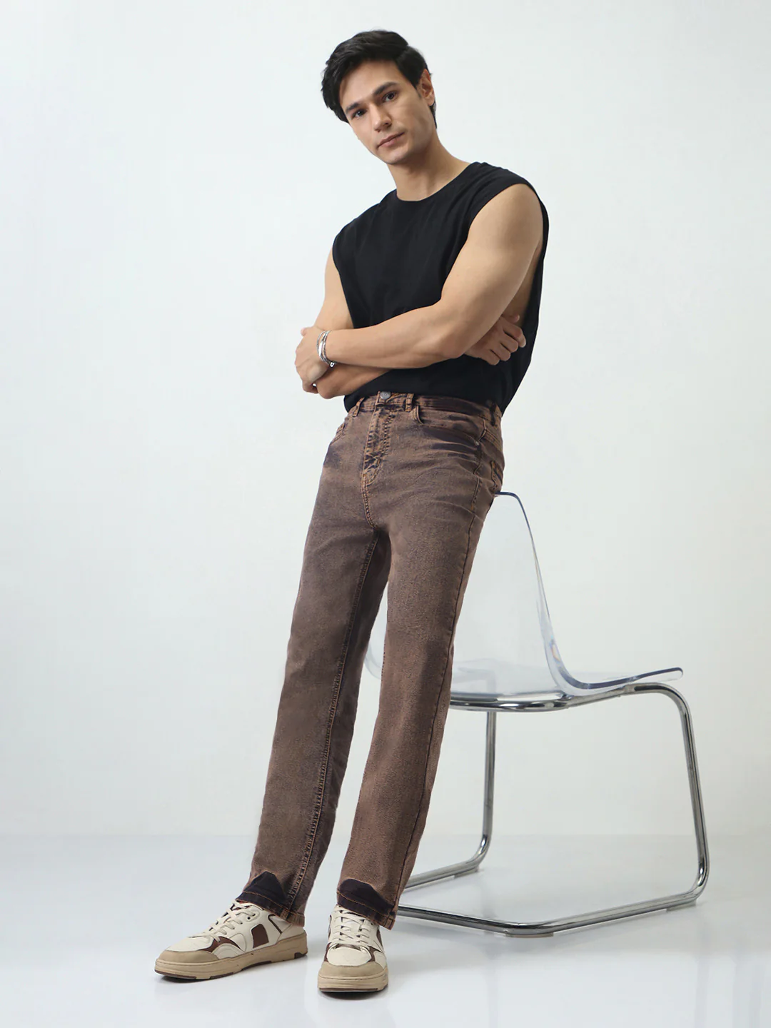 Men's Light Brown Straight Fit Heavy Washed Jeans Stretchable - Image 4