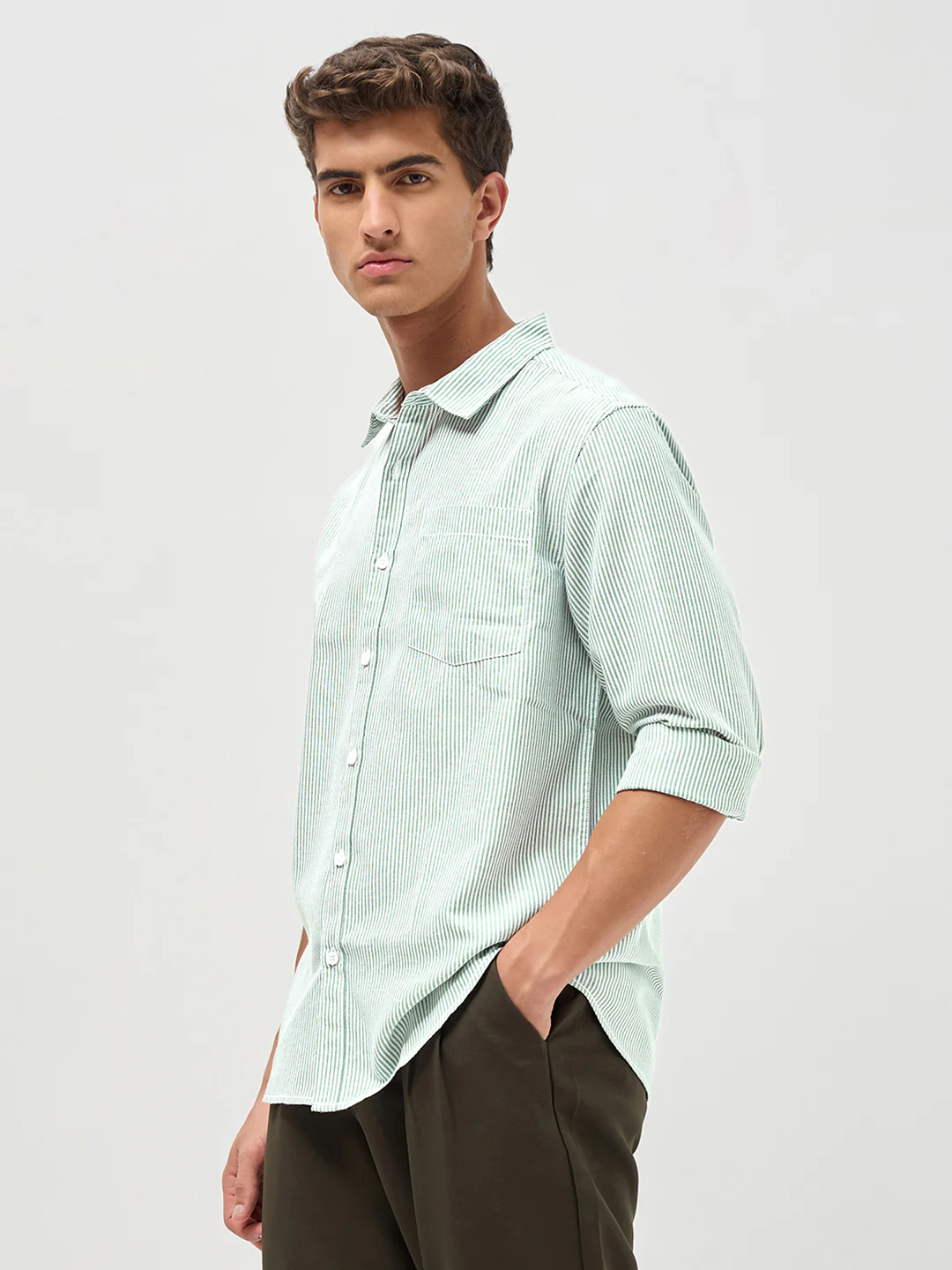 Men's Light Green Cotton Full Sleeve Regular Fit Casual Striped Shirt - Image 3