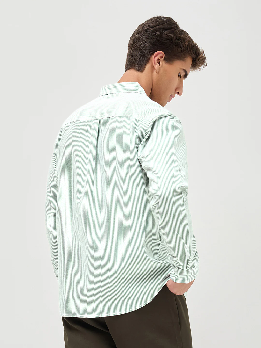 Men's Light Green Cotton Full Sleeve Regular Fit Casual Striped Shirt - Image 4