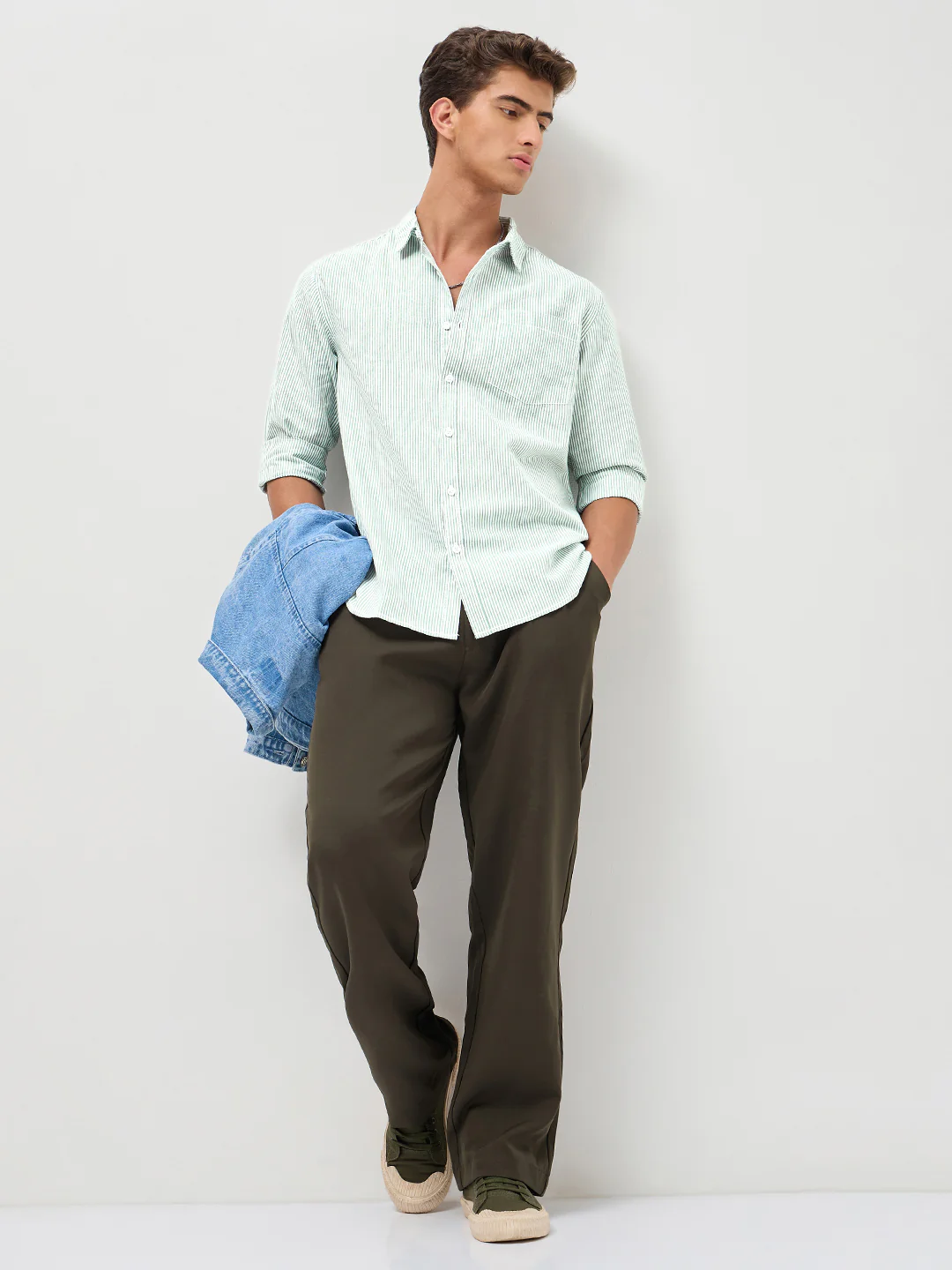 Men's Light Green Cotton Full Sleeve Regular Fit Casual Striped Shirt - Image 5
