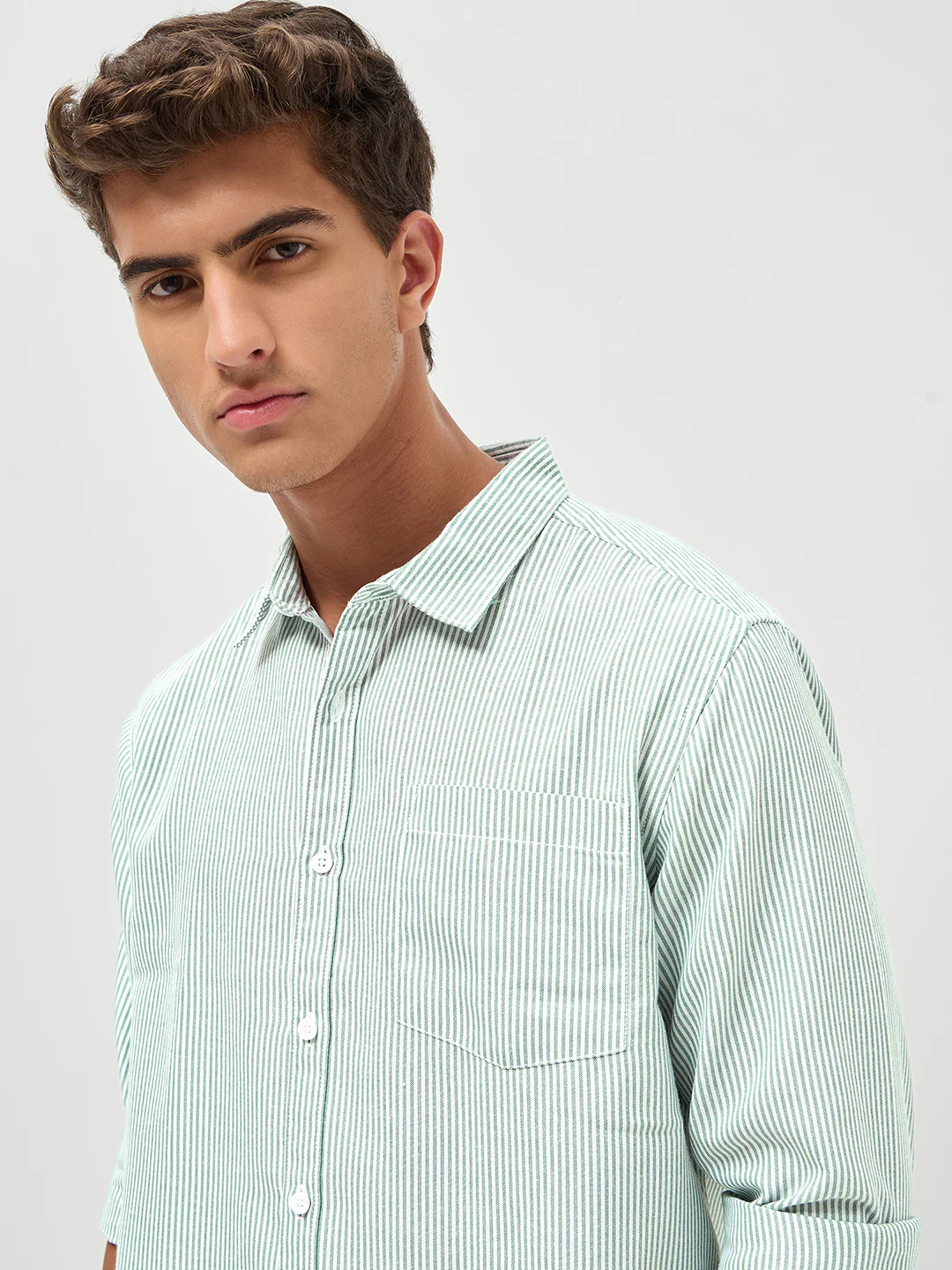 Men's Light Green Cotton Full Sleeve Regular Fit Casual Striped Shirt - Image 6