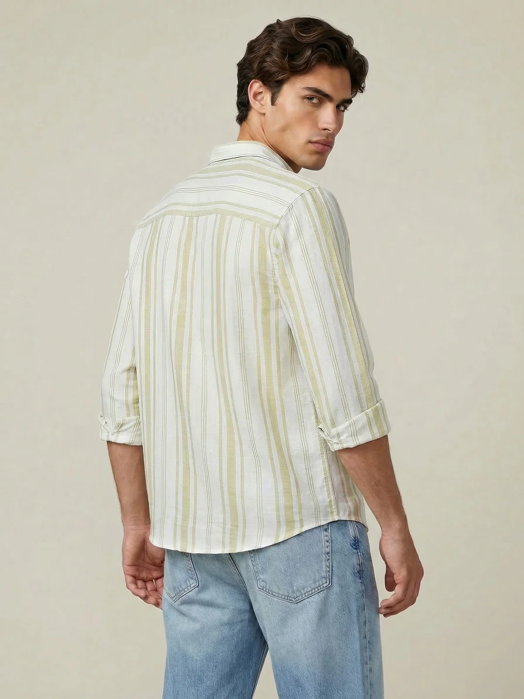 Men's Light Green Cotton Full Sleeve Relaxed Fit Linen Striped Shirt with Spread Collar - Image 3