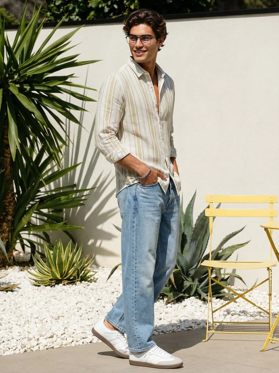 Men's Light Green Cotton Full Sleeve Relaxed Fit Linen Striped Shirt with Spread Collar - Image 4