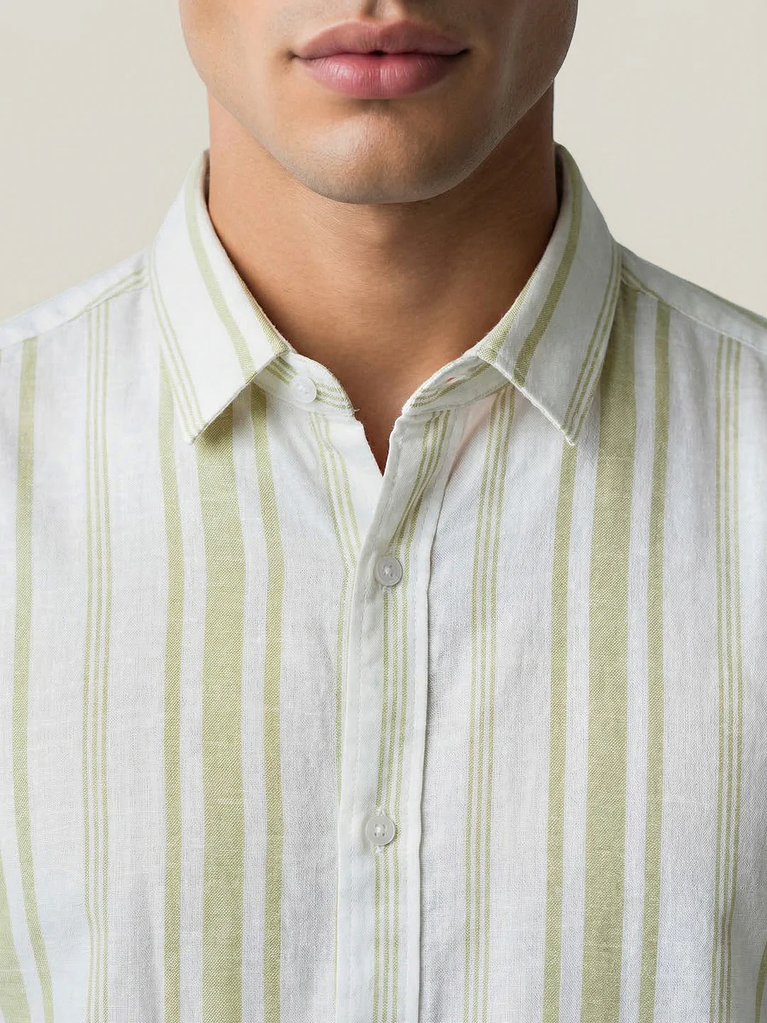 Men's Light Green Cotton Full Sleeve Relaxed Fit Linen Striped Shirt with Spread Collar - Image 5