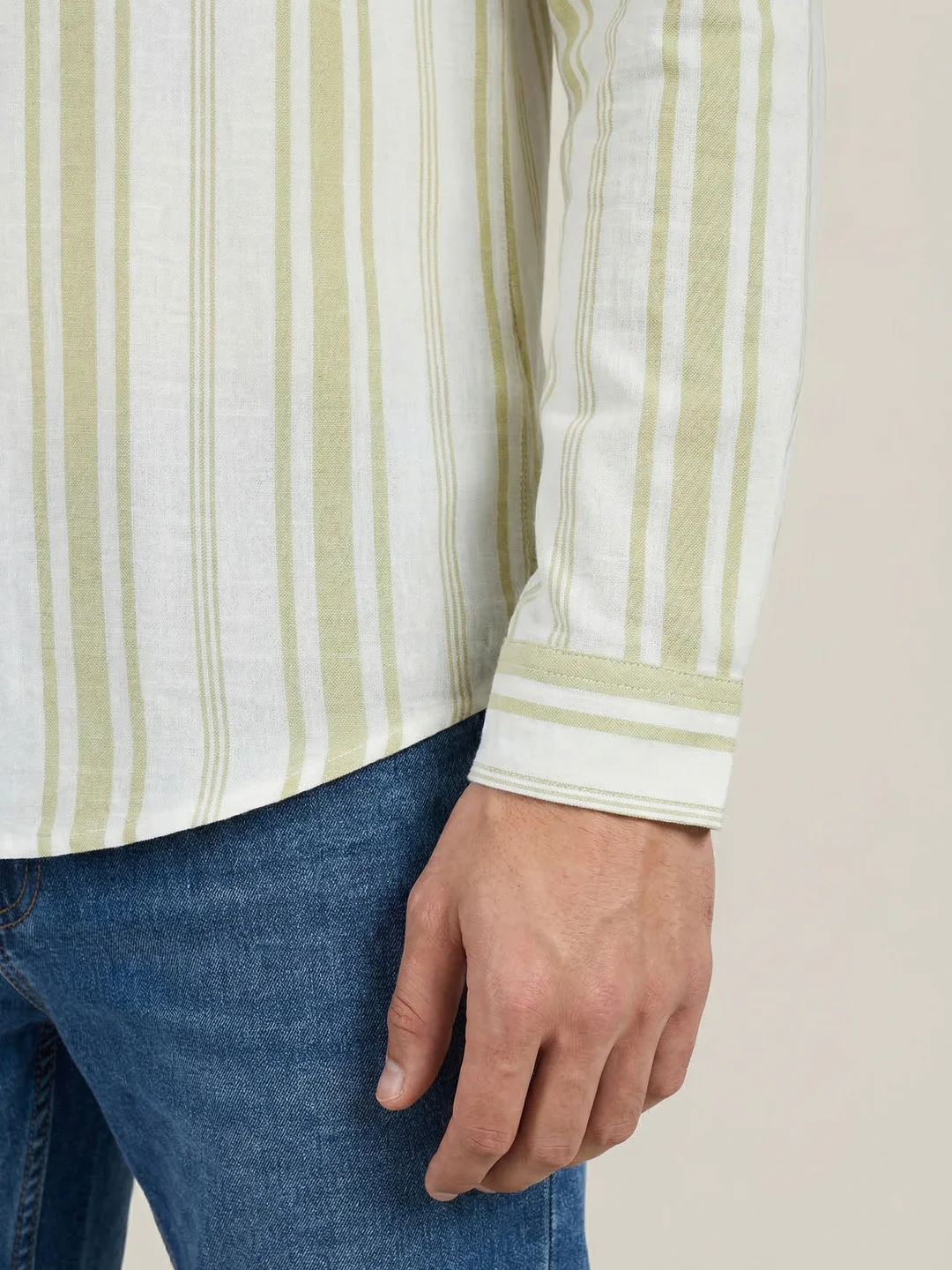 Men's Light Green Cotton Full Sleeve Relaxed Fit Linen Striped Shirt with Spread Collar - Image 6