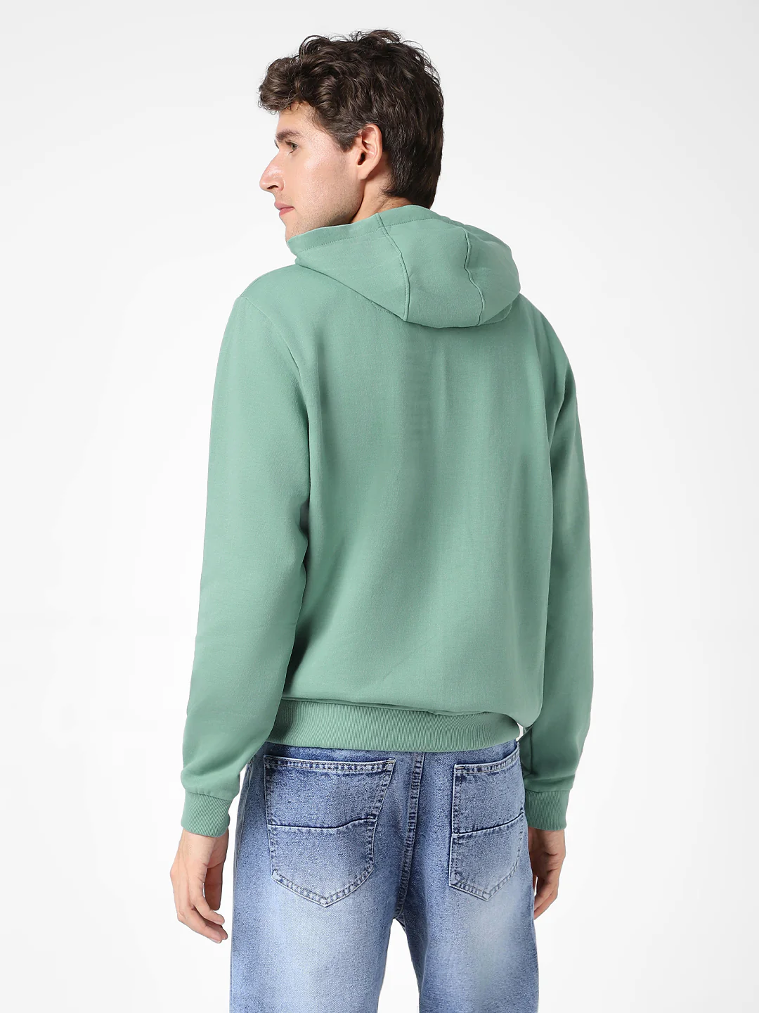 Men's Light Green Cotton Solid Hooded Neck Sweatshirt - Image 3