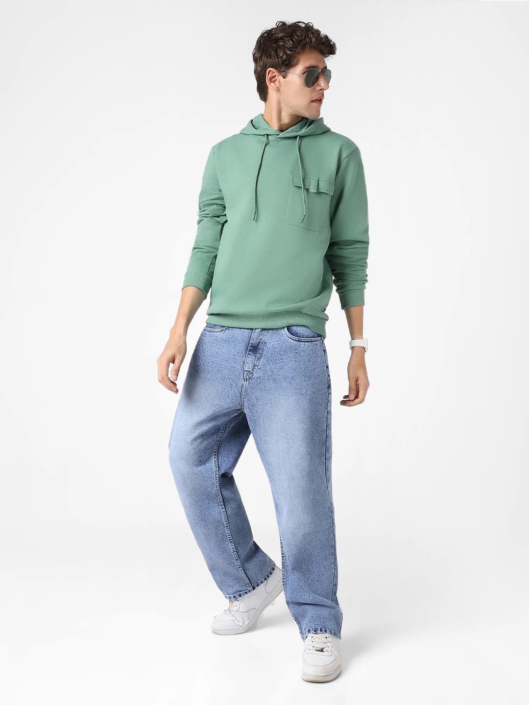 Men's Light Green Cotton Solid Hooded Neck Sweatshirt - Image 4