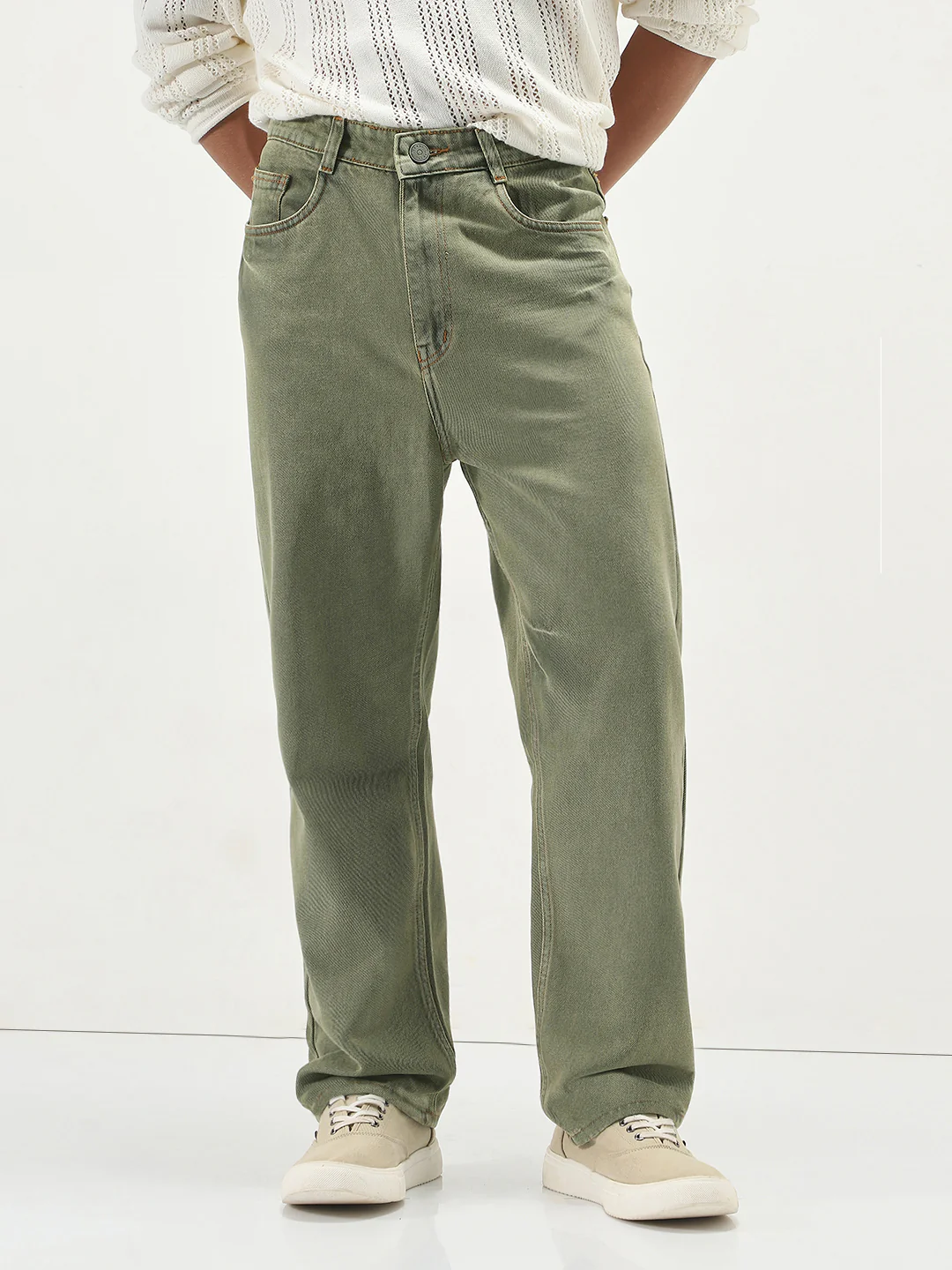 Men's Light Green Loose Baggy Fit Washed Jeans Non-Stretchable