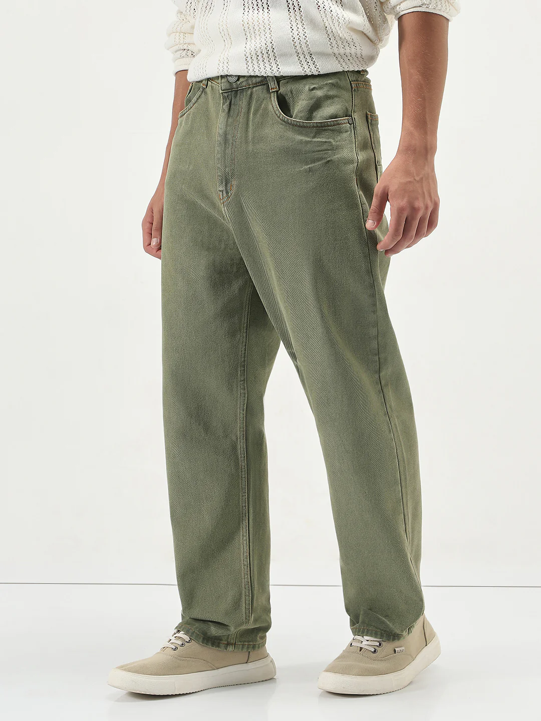 Men's Light Green Loose Baggy Fit Washed Jeans Non-Stretchable - Image 2