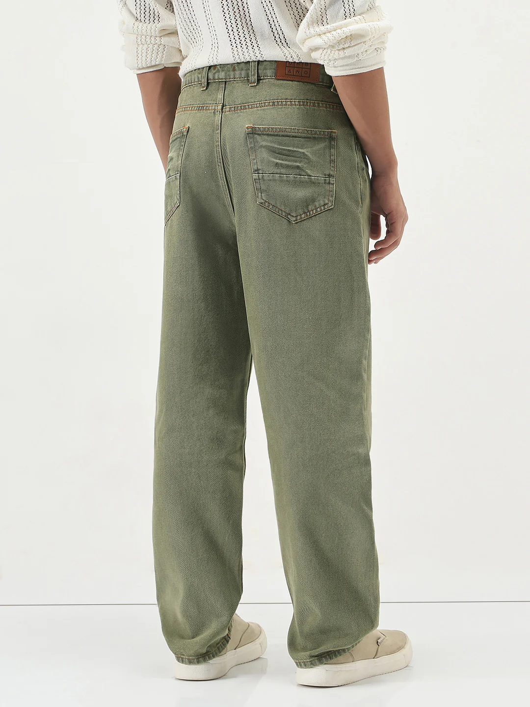 Men's Light Green Loose Baggy Fit Washed Jeans Non-Stretchable - Image 3