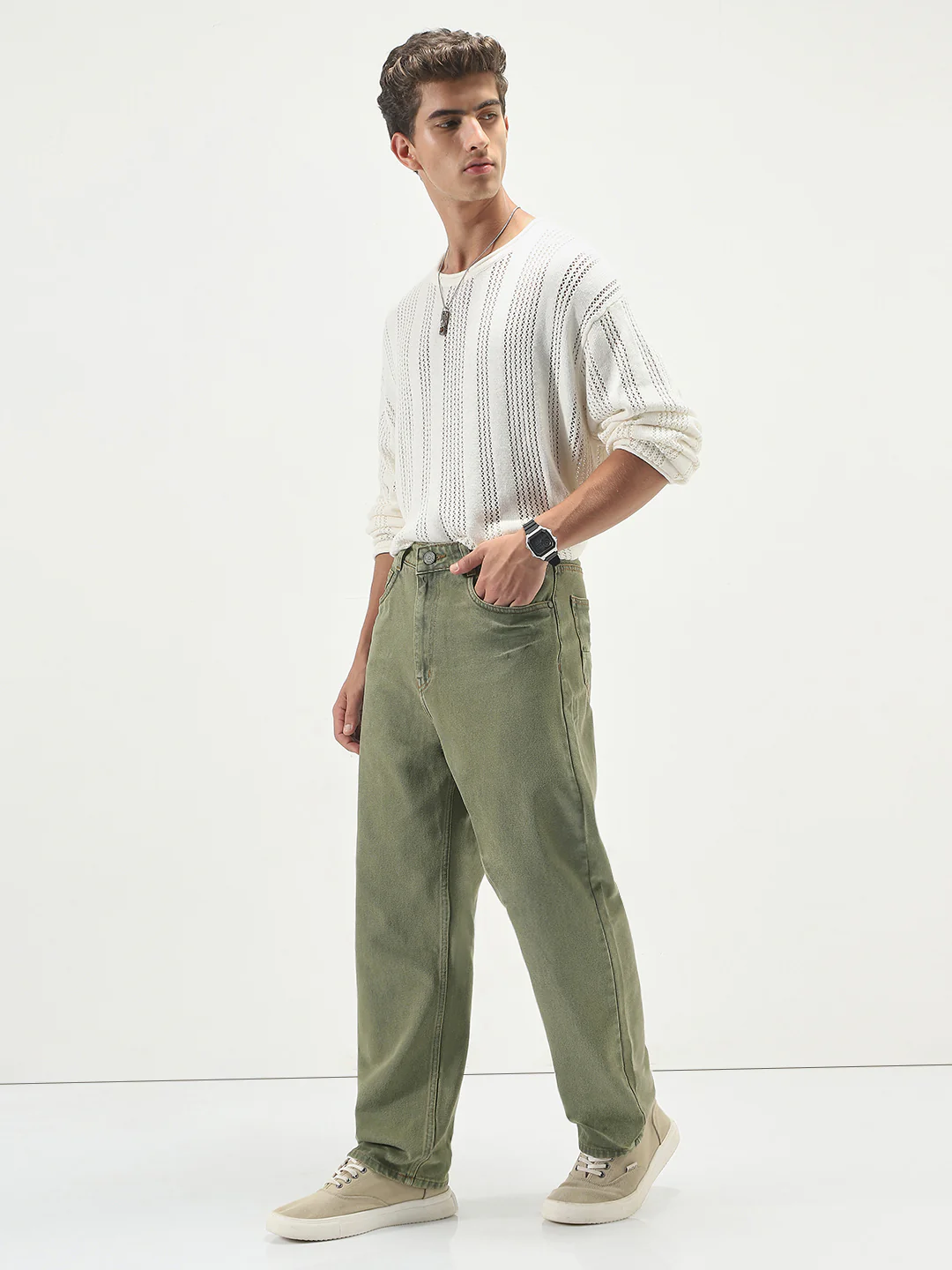 Men's Light Green Loose Baggy Fit Washed Jeans Non-Stretchable - Image 4