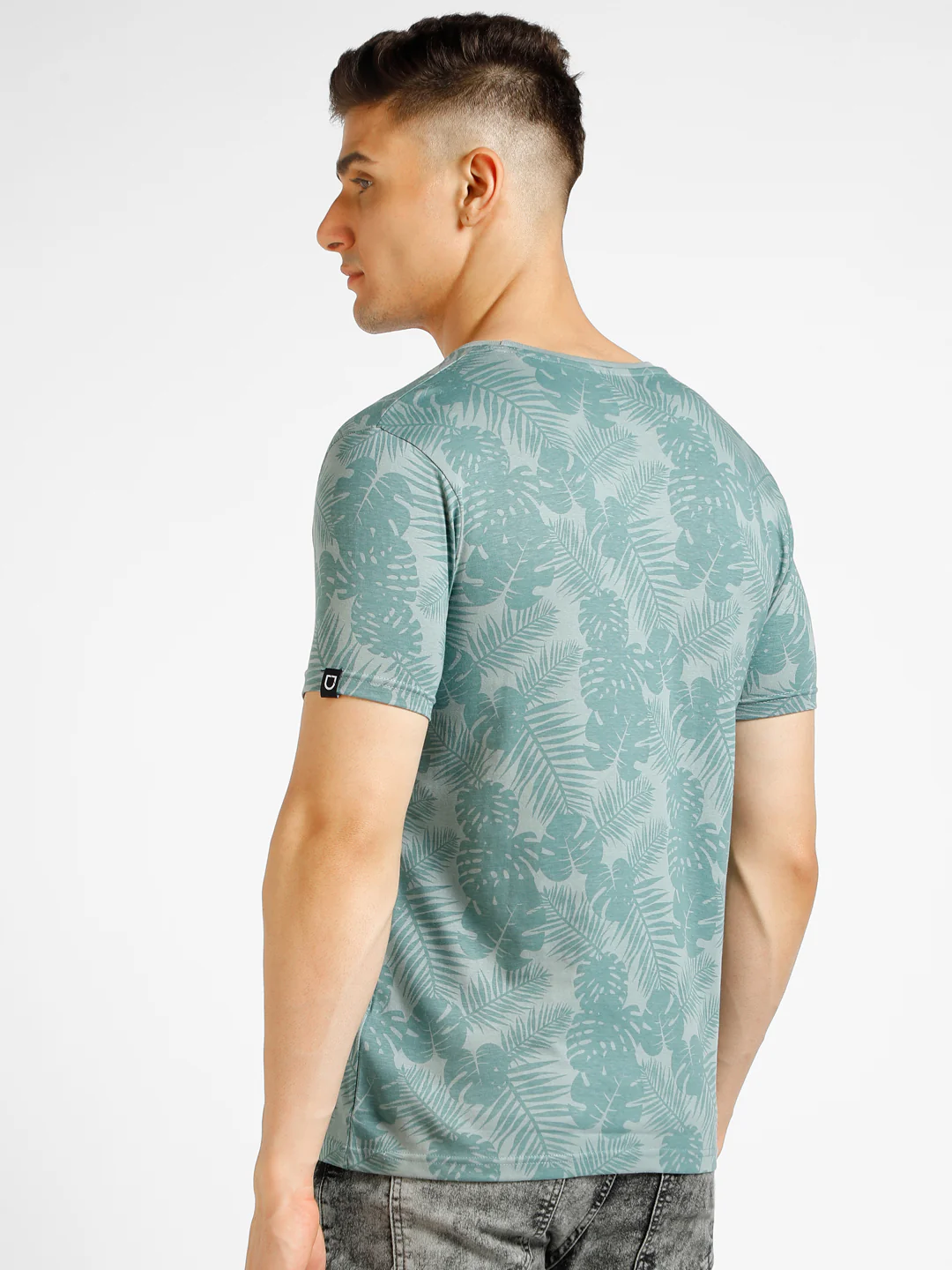 Men's Light Green Printed Round Neck Half Sleeve Slim Fit Cotton T-Shirt - Image 3