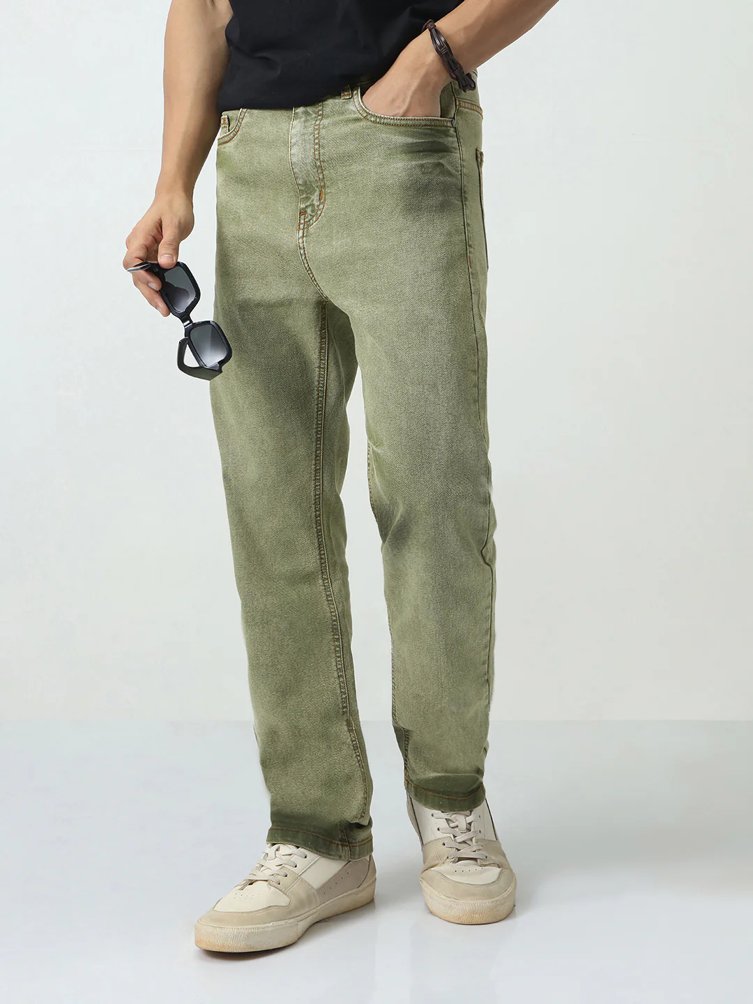 Men's Light Green Straight Fit Heavy Washed Jeans Stretchable