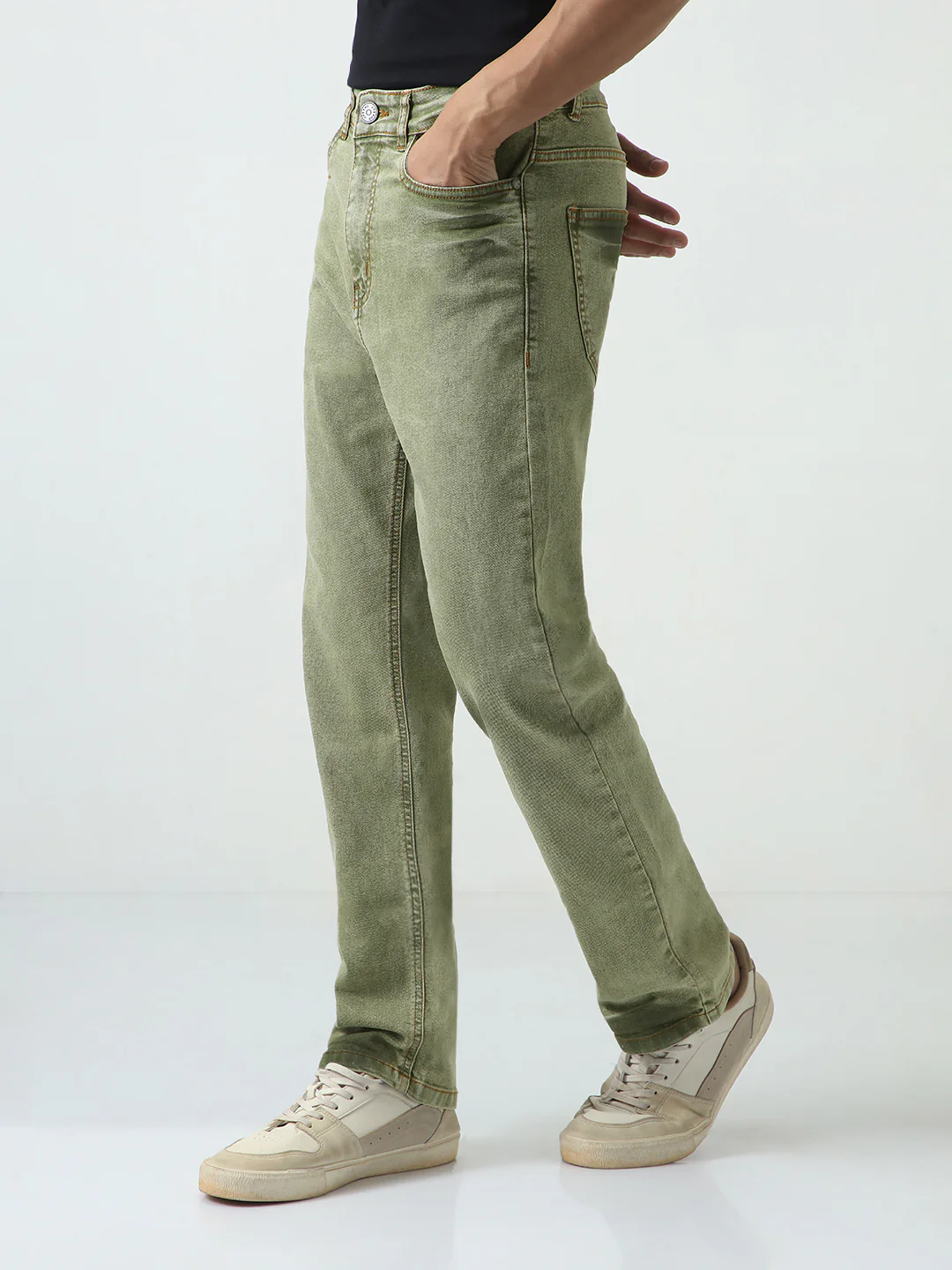 Men's Light Green Straight Fit Heavy Washed Jeans Stretchable - Image 2