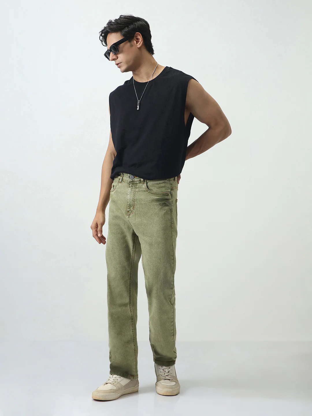 Men's Light Green Straight Fit Heavy Washed Jeans Stretchable - Image 4