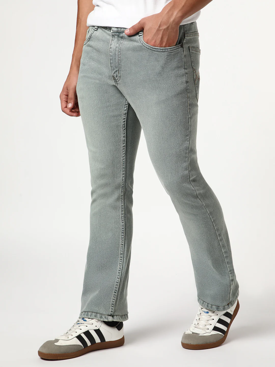 Men's Light Grey Bootcut Fit Mid Rise Tinted Heavy Washed Jeans Stretchable - Image 2