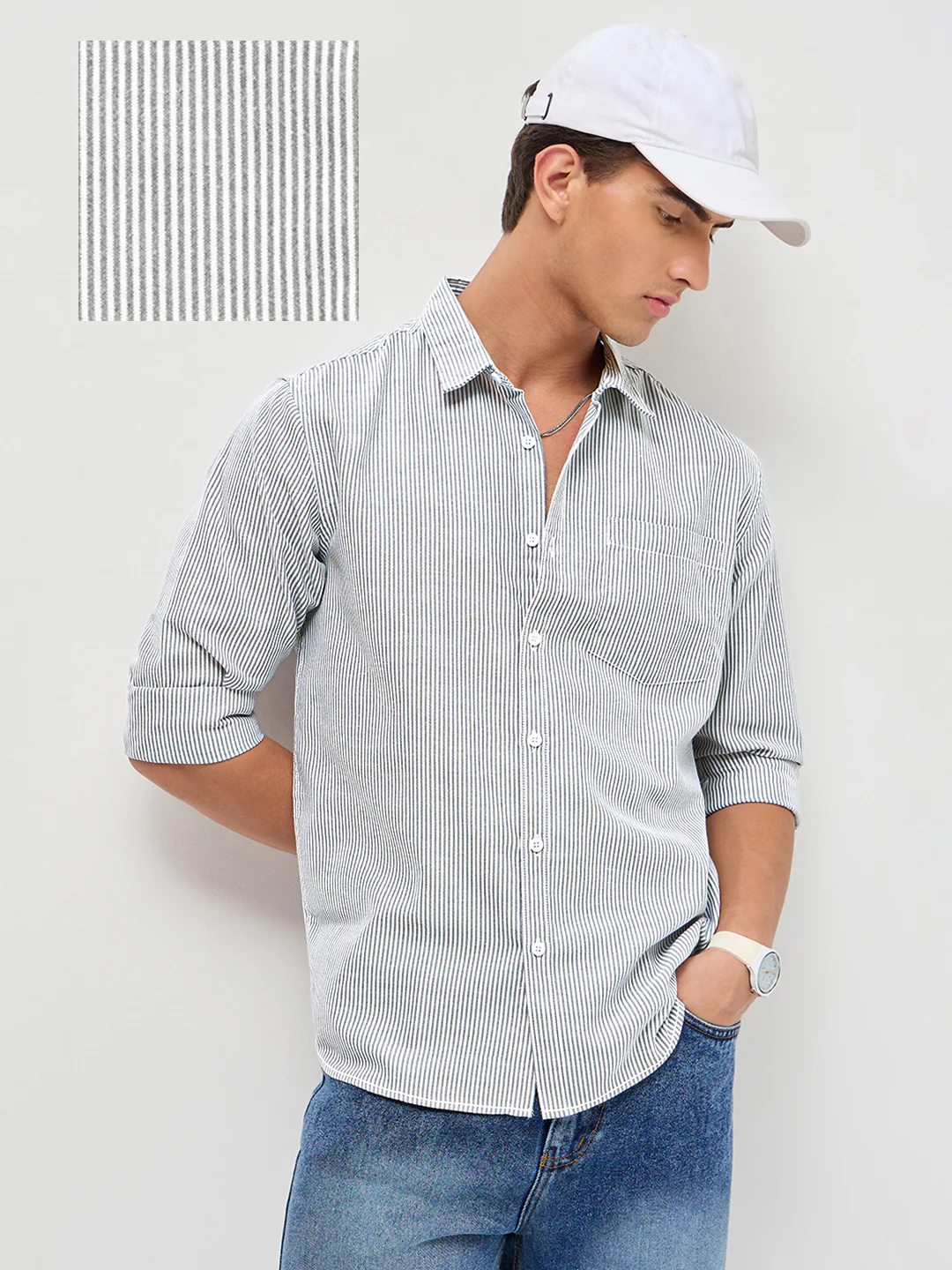 Men's Light Grey Cotton Full Sleeve Regular Fit Casual Striped Shirt