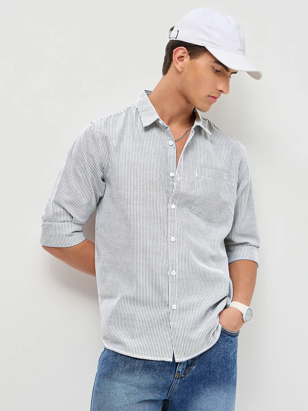Men's Light Grey Cotton Full Sleeve Regular Fit Casual Striped Shirt - Image 2